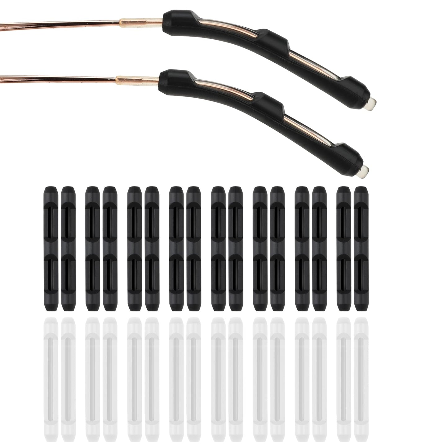 Tucnoeu 16 Pairs Silicone Glasses Ear Cushions,Elastic Anti Slip Glasses Grips,Soft Glasses Non Slip Ear Grips,Comfort Glasses Grips for Behind The Ear (Black And Clear)