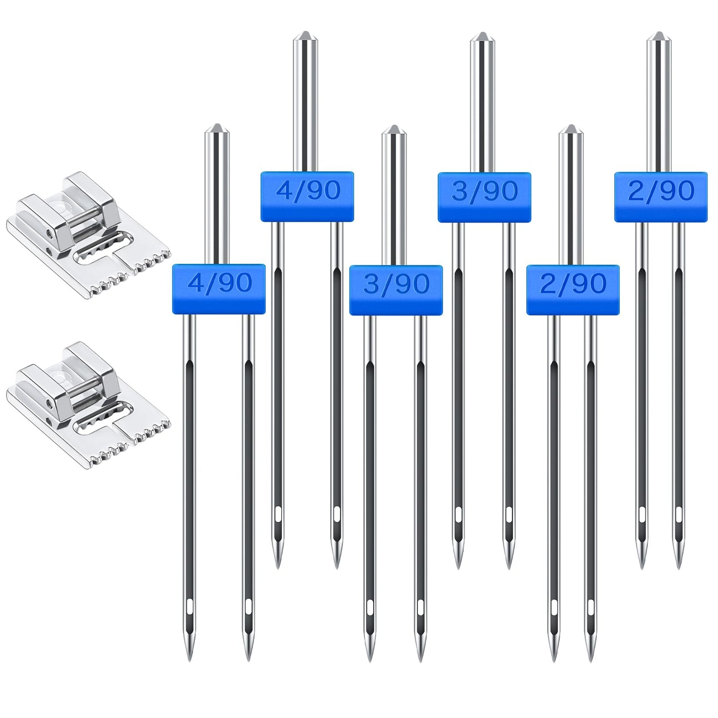 6Pcs Twin Needles for Sewing Machine, Twin Needle Double Needle with 2Pcs 9 Groove Pintuck Presser Foot, Brother Sewing Machine Needles for Sewing Machine Accessories, 3 Sizes 2.0/90, 3.0/90, 4.0/90