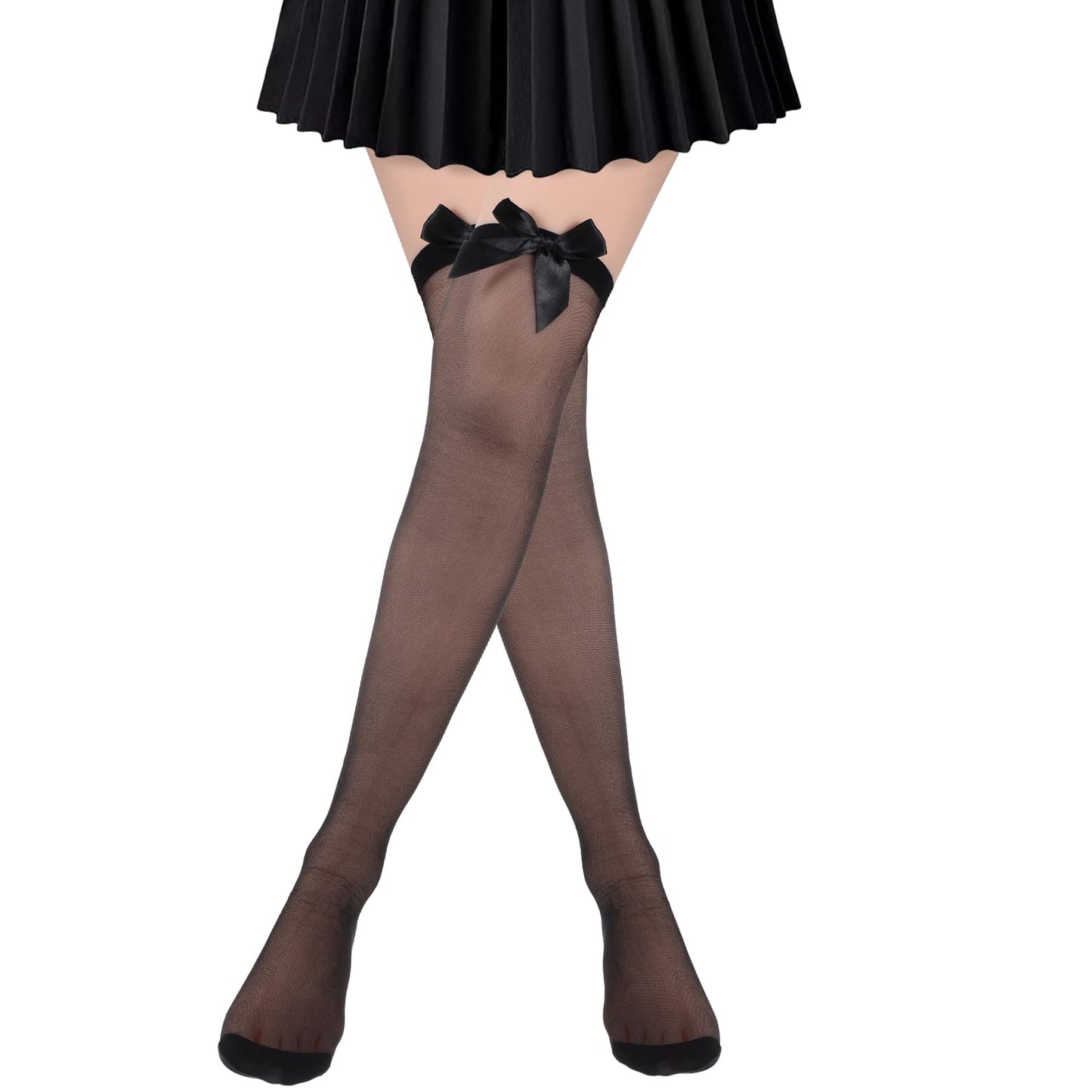 Lusofie Thigh High Socks with Bow 55cm Satin Bow Knee High Stockings for Women Girls Cute White Black Over the Knee Stocks(Black)