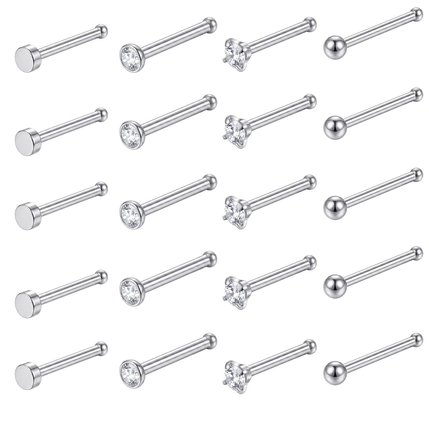 Fiyooau 20Pcs Straight Nose Rings 20G Surgical Steel Nose Bone Studs Cubic Zirconia Small Stud Nose Ring Stuf Body Piercing Jewelry for Women Men