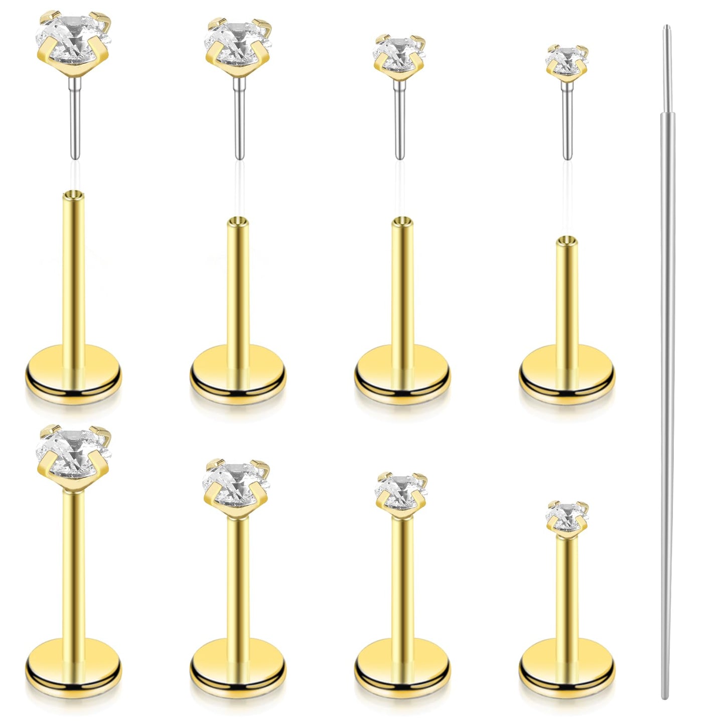 9Pcs Nose Piercings, 316L Stainless Steel Nose Studs, Gold Nose Ring Unisex Nose Spiral Piercing Jewelry Hypoallergenic with 1 Tapered Insert Pin(Gold)