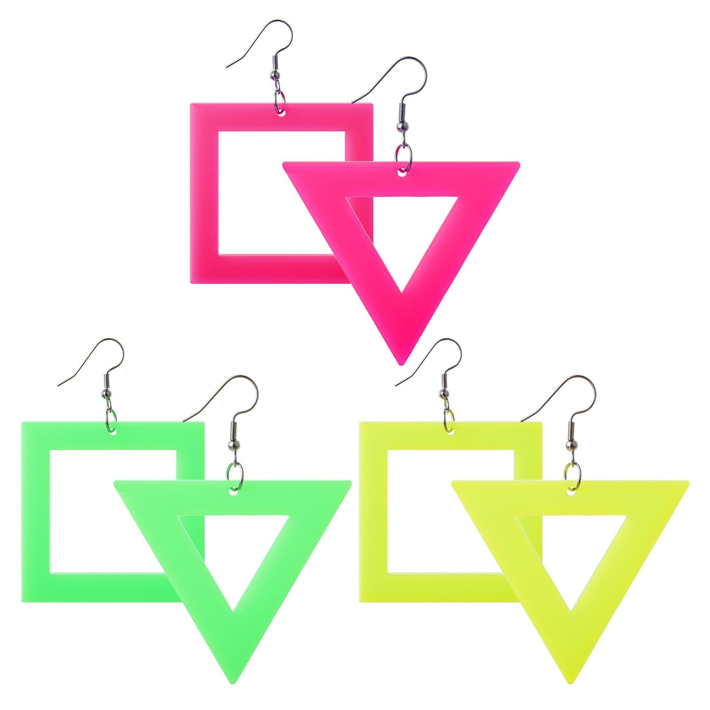 80s Neon Earrings 3Pairs Colorful Acrylic Drop Earrings Retro Geometric Pendant Neon Jewelry for Women 90s Costume Glow Party Accessories(Solid Color)