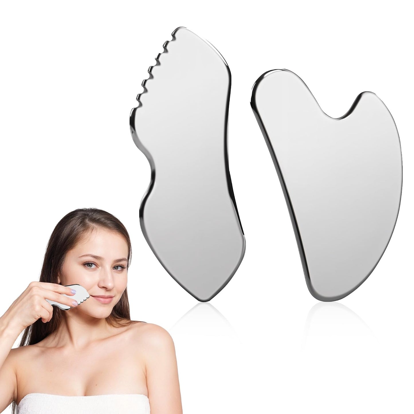 Meyeyaia 2 Pcs Stainless Steel Gua Sha Facial Tools,Face Gua Sha for Facial Sculpting Relaxation,Tighten Skin,Jawline Sculpting,Puffiness Reducing,Gift for Women,Skin Care Gifts