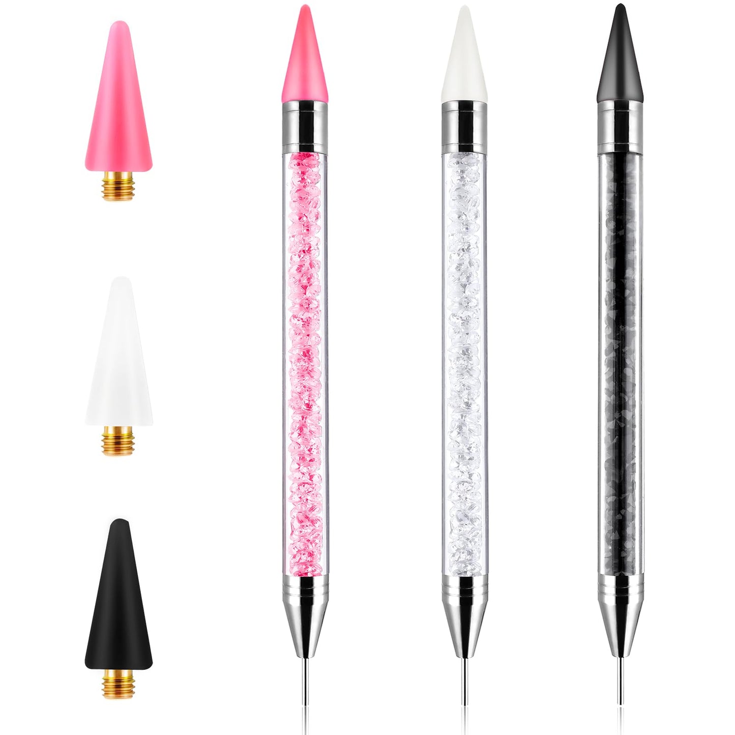 Acrylic Rhinestone Picker - 3 Pcs Double-ended Rhinestone Wax Pen with Self-Adhesive Wax Tips, Nail Rhinestone Picker with 3 Extra Wax Tips for Nail Art Gemstone Crystal DIY (White, Black, Pink)