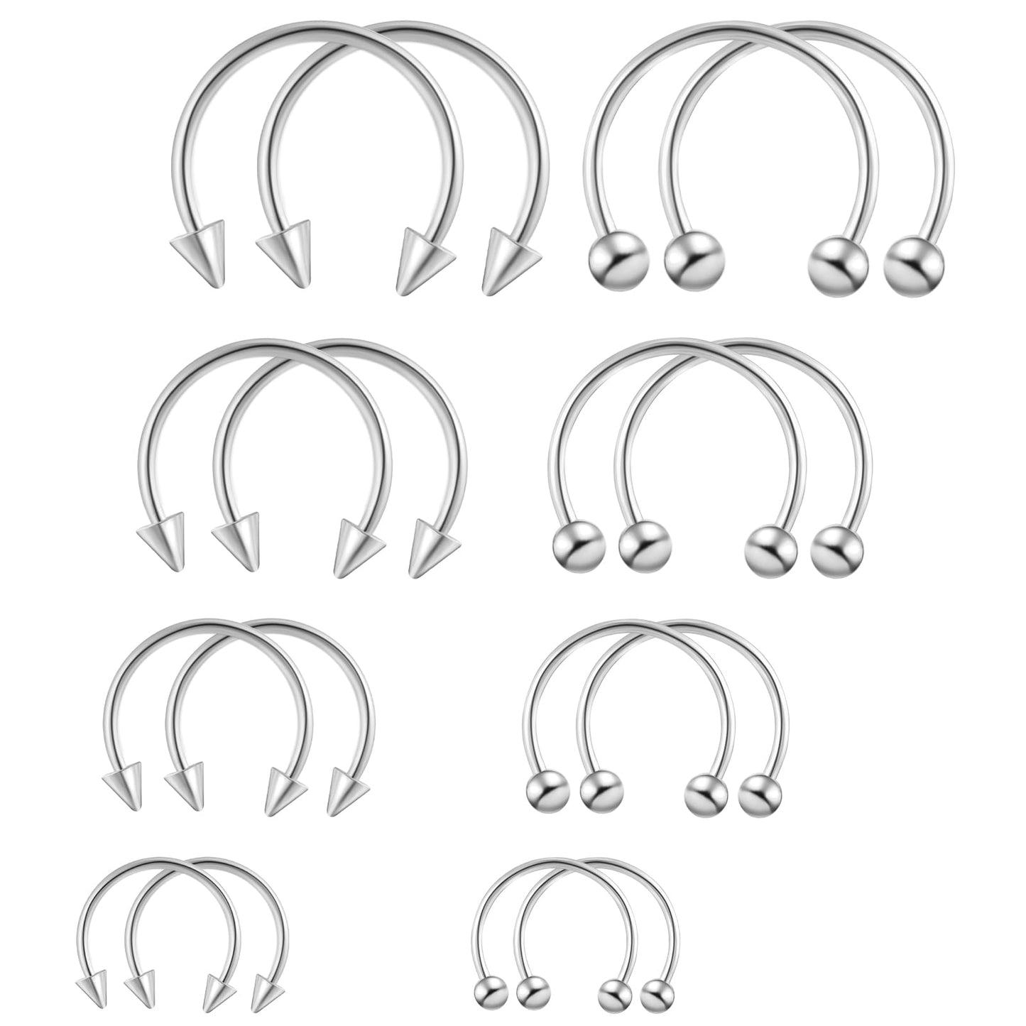 Tucnoeu 16pcs Septum Nose Rings 16 Gauge Nose Ring Multiple Different Sizes Horseshoe Nose Ring,Stainless Steel Septum Ring for Men and Women (Silver)