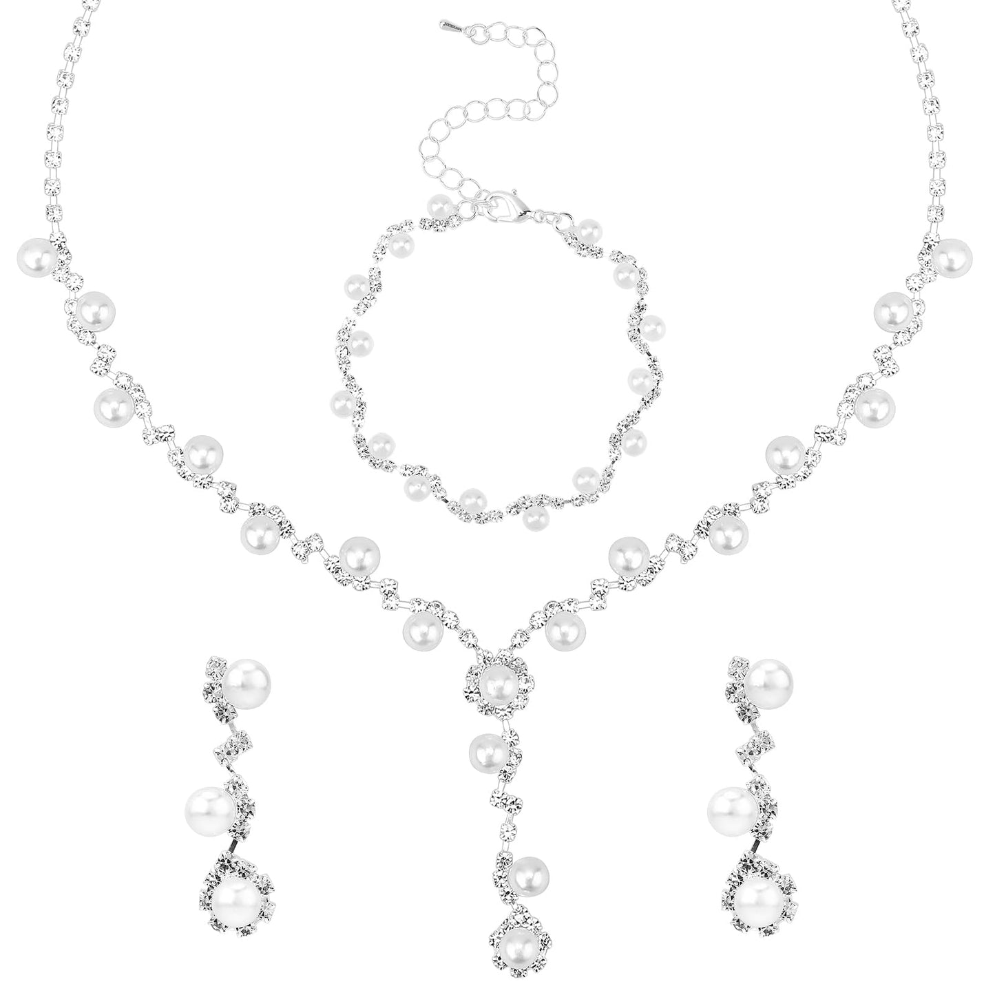 Lusofie Bridal Jewelry Set for Wedding Rhinestone Jewelry Set Include Pearls Necklace Earrings Bracelet Bridesmaid Prom Pearls Jewelry Set for Women and Girls