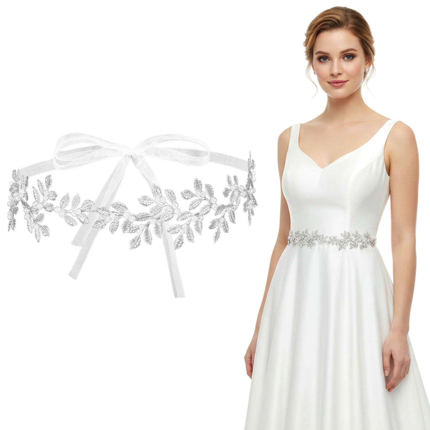 HaiFafafaing Wedding Dress Belt,Rhinestone Pearl Bridal Belt with White Organza,Sparkly Exquisite Silver Leaf Sash Belts for Formal Dress,Special Occasion