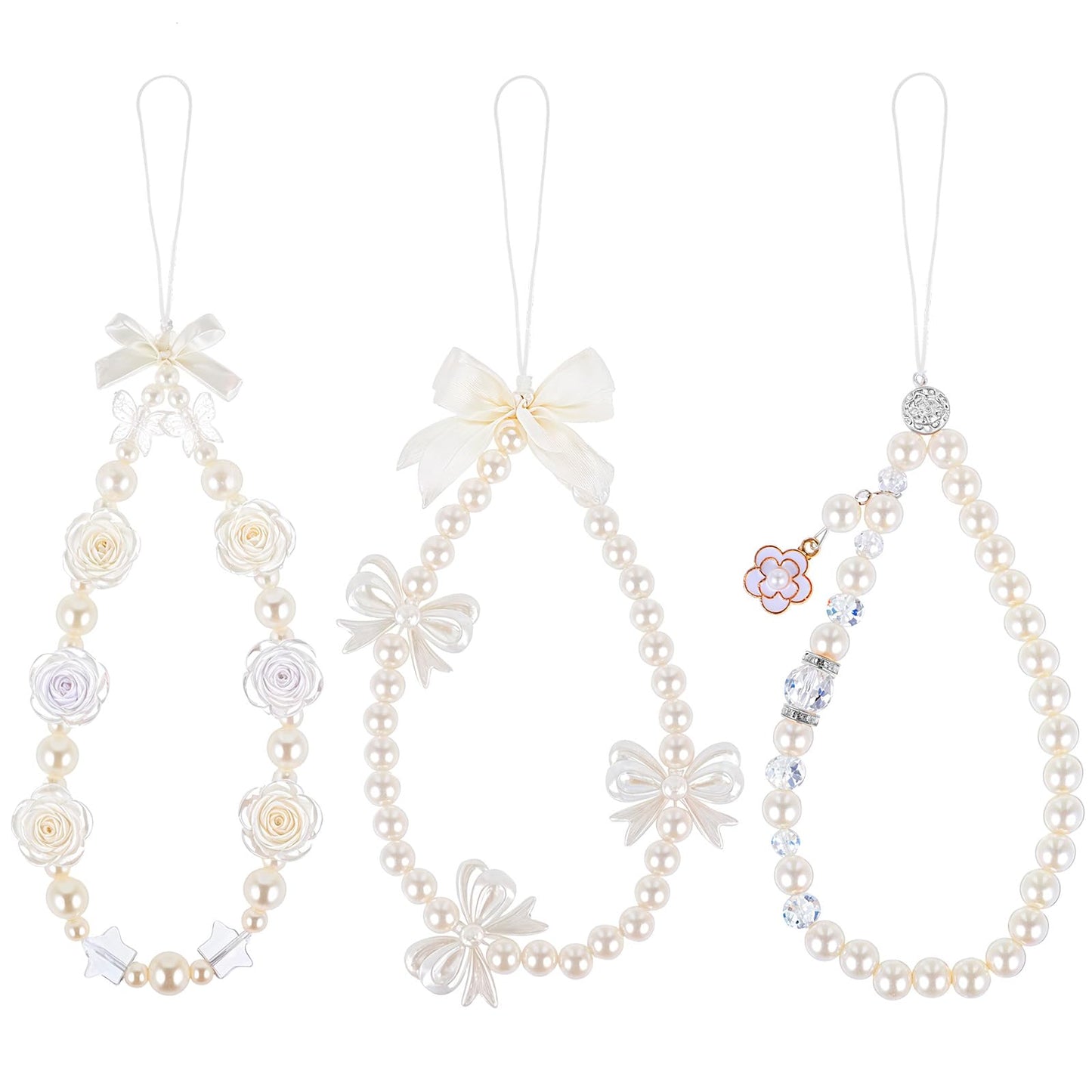 Lusofie 3 pcs Phone Charms Strap with Butterfly Bow Knot White Phone Charms Beaded Camera Wrist Strap Universal Women Girls Pearl Bracelet Wrist Strap Y2k for Wallet Phone