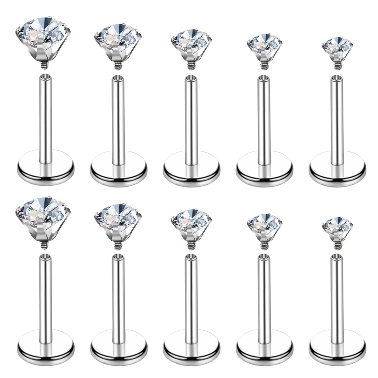 Telooco 10Pcs18G Nose Rings Studs,Surgical Steel Internally Threaded Labret, Silver Flat Back Studs Earrings Cartilage Helix Tragus Piercing Jewelry