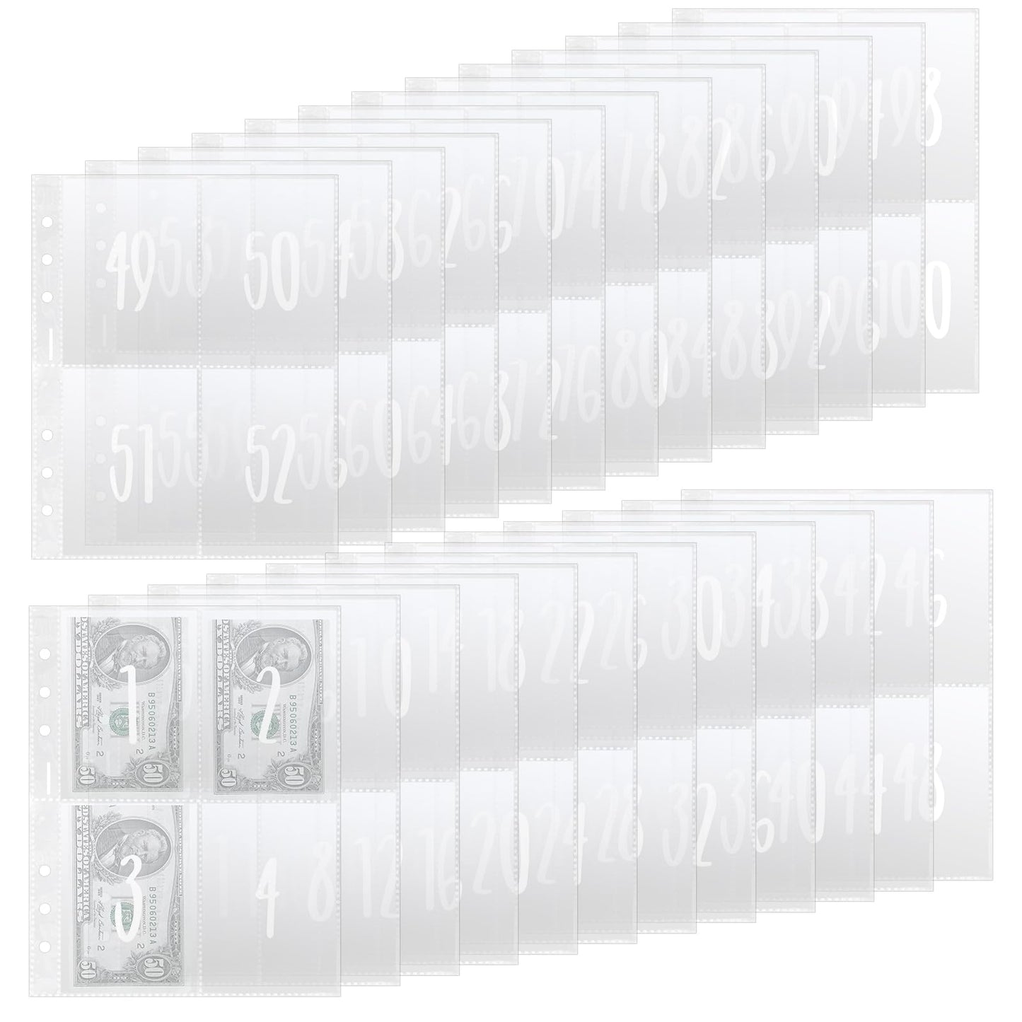 Lusofie 25 Sheets 100 Envelopes Money Saving Challenge Binder Inserts A5 Size Replaceable Transparent PVC 6 Hole Ring Savings Binder Money Envelopes for Cash for Money Saving Budget Planners