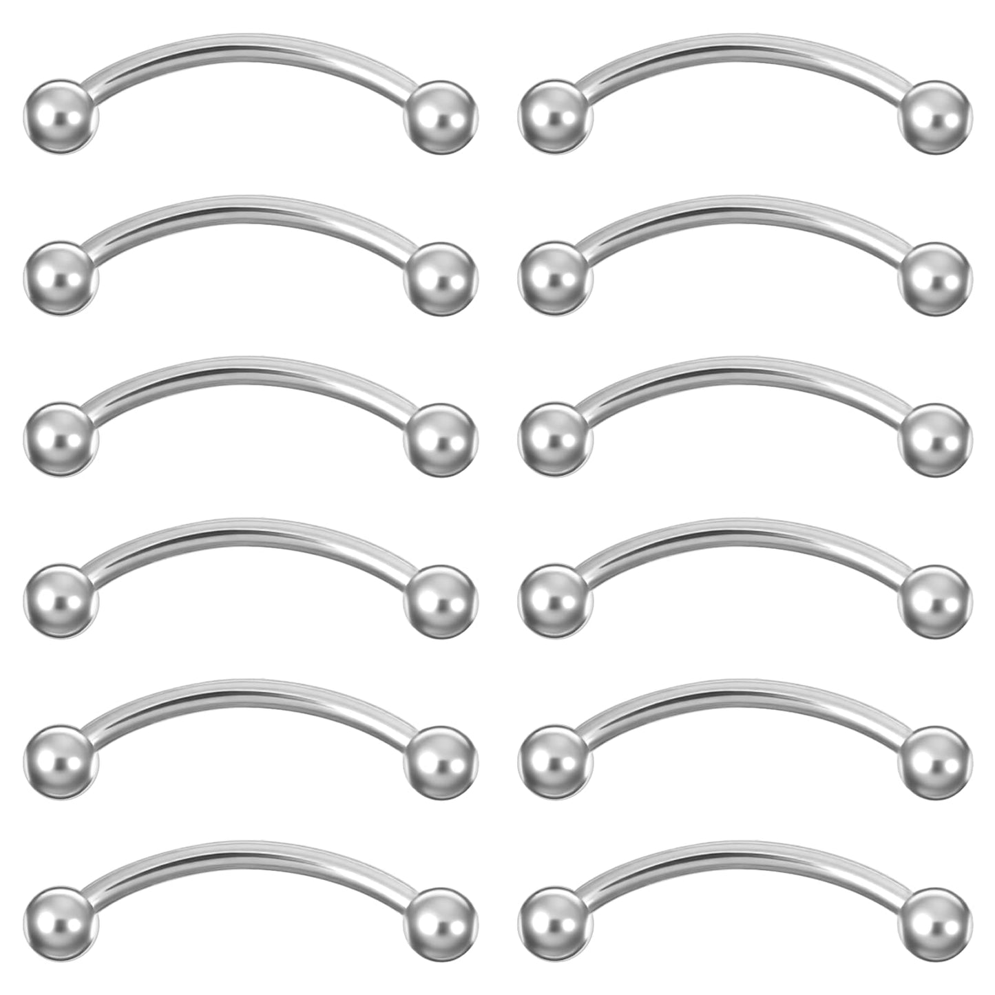 Yolev 12PCS Stainless Steel Curved Barbell Eyebrow Rings, Tragus Helix Lip Piercing Jewelry, 16G 12mm with 3mm Balls