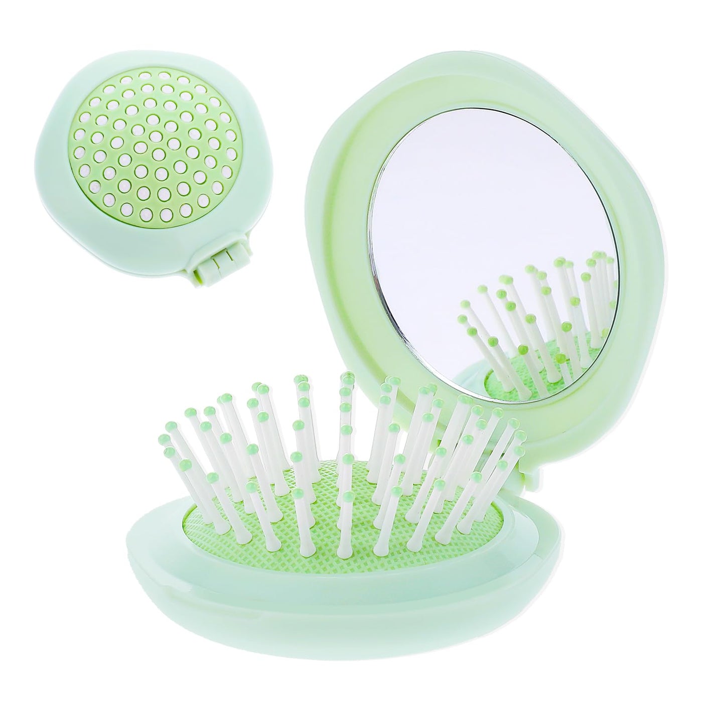 Round Mini Hair Brush with Mirror,Folding Hair Brush Travel Size,Mini Massage Hair Brush with Mirror,Portable Pocket Compact Hair Brush(Green)