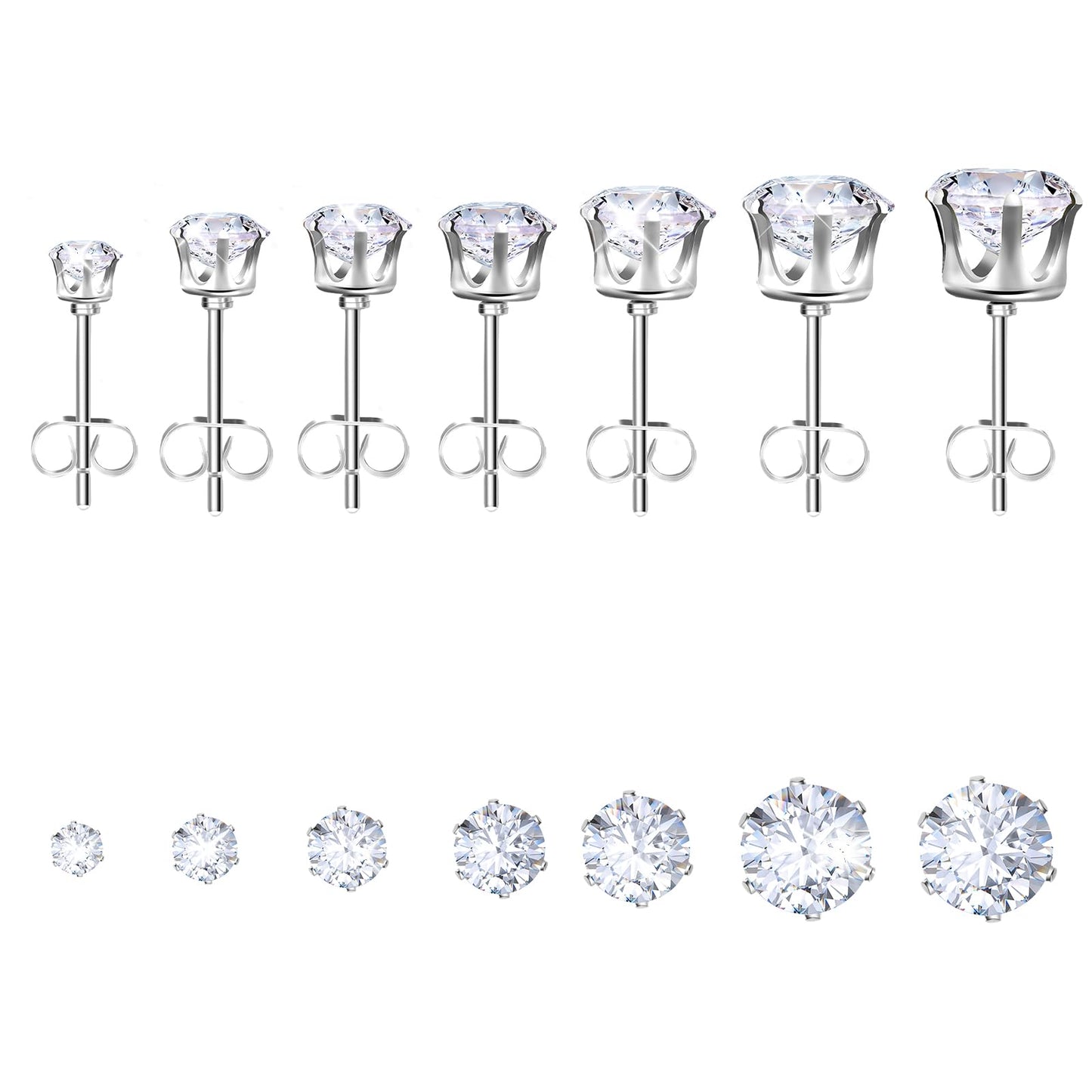 Stainless Steel Earrings for Women 7 Pairs Cubic Zirconia Earrings Studs Hypoallergenic Earrings for Women Gift(Silver)