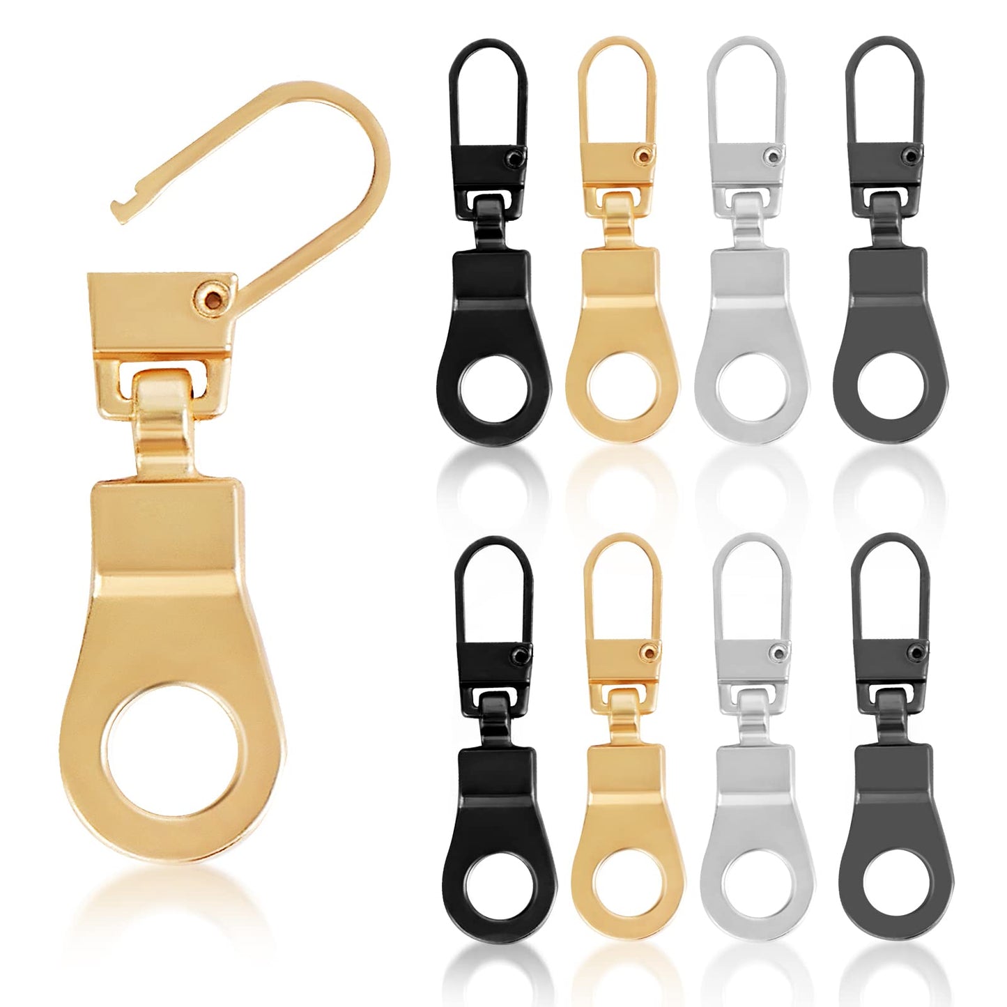 Yolev 8pcs Zipper Pull Replacement, Detachable Zipper Pull Tab Repair Kit for Luggage Coat Boots Backpack (Silver, Black, Gold, Black)