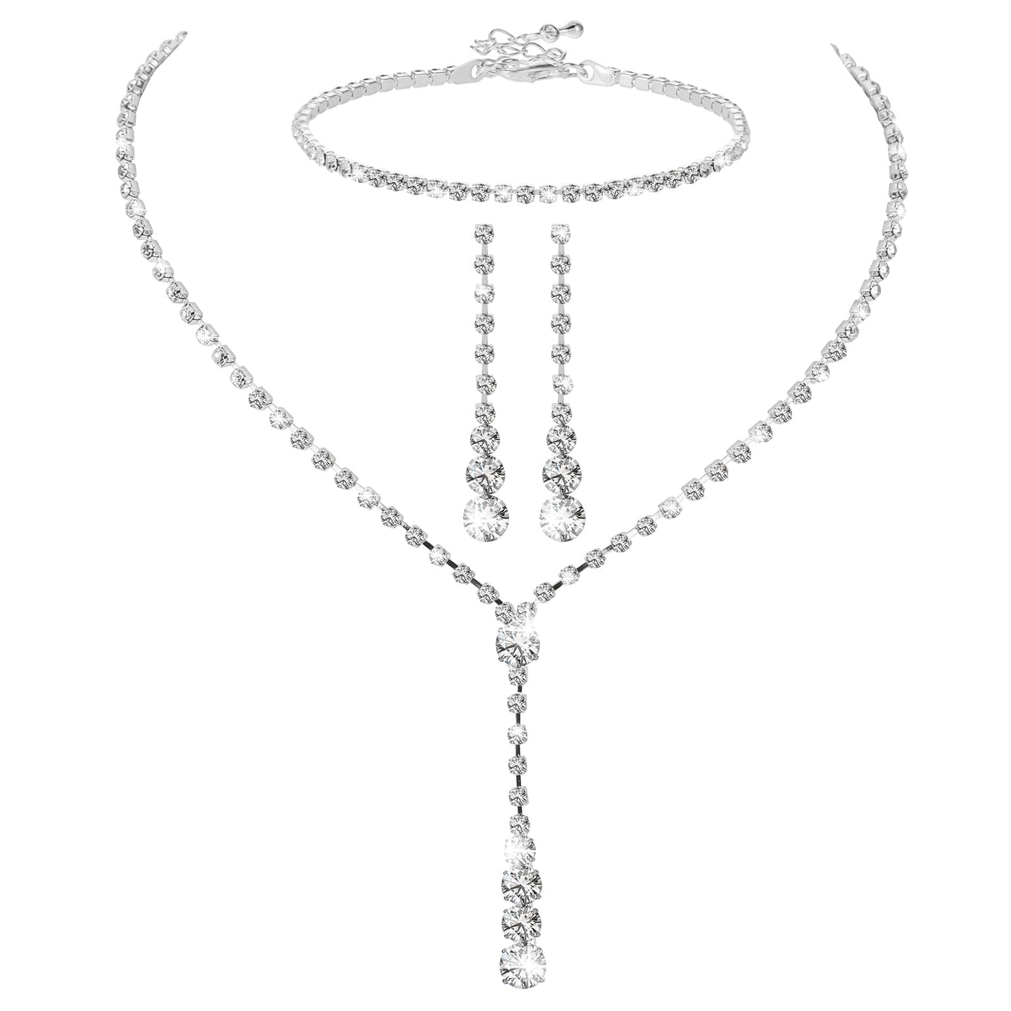 Yolev 4Pcs Bridal Teardrop Necklace Dangle Earrings Silver Rhinestone Jewelry Set for Wedding Prom Jewelry Set for Bride and Bridesmaids