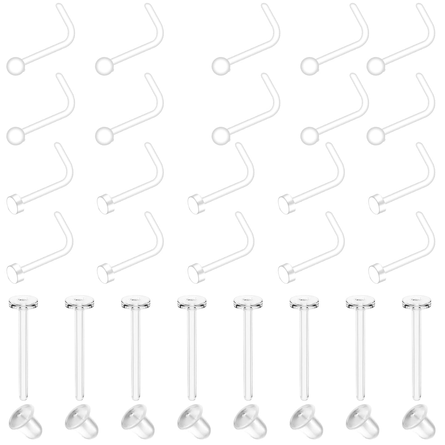 Lusofie 28Pcs Clear Nose Studs Nose Rings for Work, Acrylic Clear Nose Piercing Clear Piercing Retainer L Shape Invisible Clear Cartilage Earrings for Surgery(20G)
