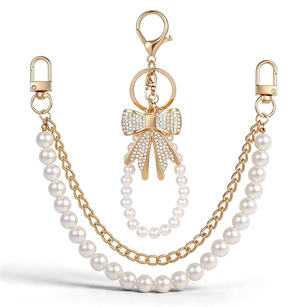 2 Pcs Pearl Purse Chain, Bow Bag Charm Chain with Rhinestone Bow Keychain