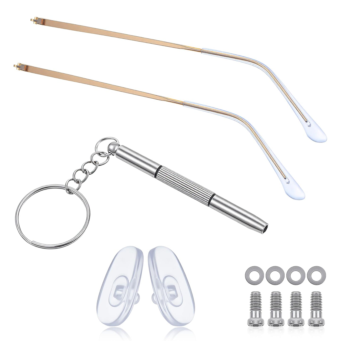 Glasses Arm Replacement - Gold Metal Eyeglass Arms Single Teeth Thin Glasses Legs Temple with Anti-Slip Clear Tips - Eyeglasses Replacement Parts Repair Kit with Screws Washers Screwdrivers Nose Pads