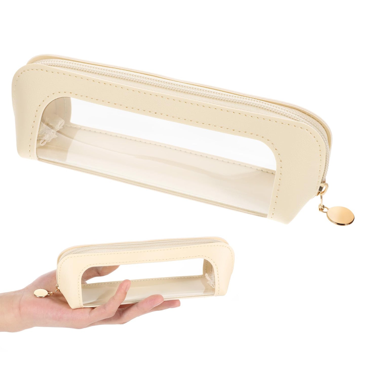 Small Clear Cosmetic Bag with Zipper, PU Leather Makeup Brush Bag, Waterproof Portable Transparent Cosmetic Pouch for Home, Travel, Office and Cosmetics Storage(Beige)