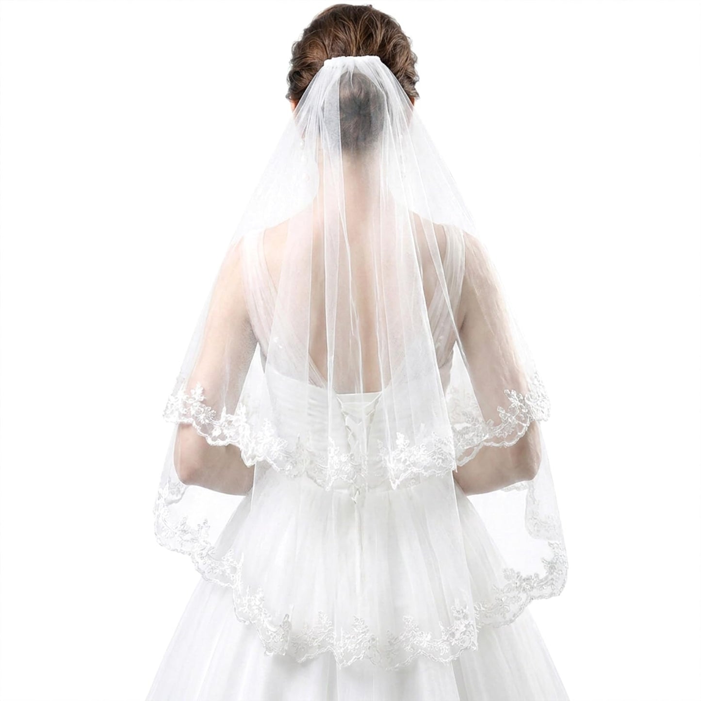 Lace Wedding Bridal Veil with Comb, 2 Tier Floral Edge Bridal Tulle Veil