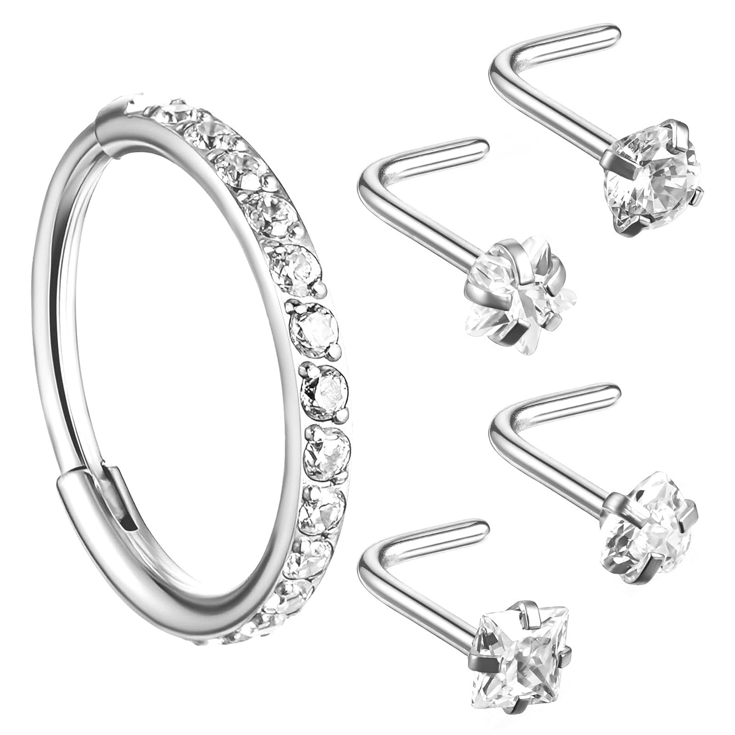 20G Nose Rings L Shaped Nose Studs (Round Square Heart Star Shapes)