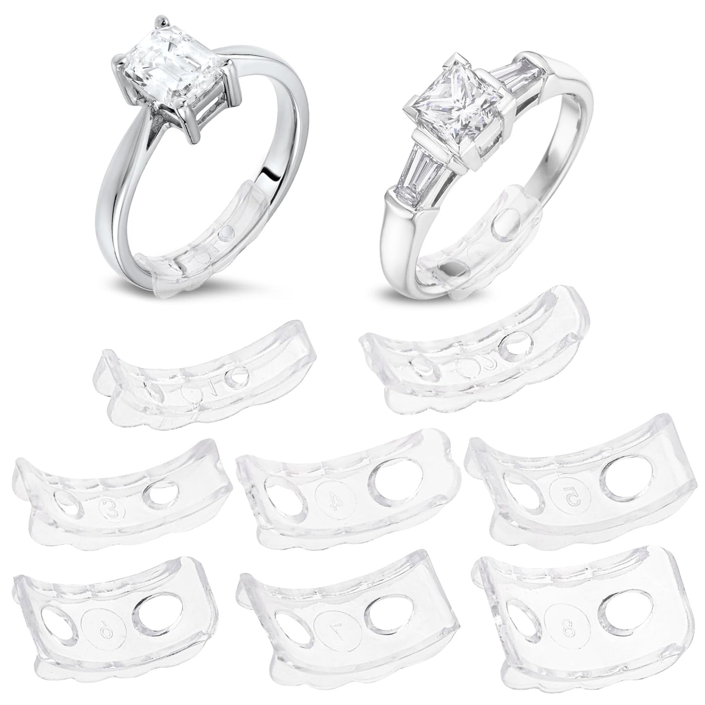 8 Pcs Invisible Ring Size Adjuster for Loose Rings Plastic Ring Sizers for Loose Rings Flexible Ring Guards with Hole Anti-Slip Ring Adjusters for Women Men Ring, 8 Sizes