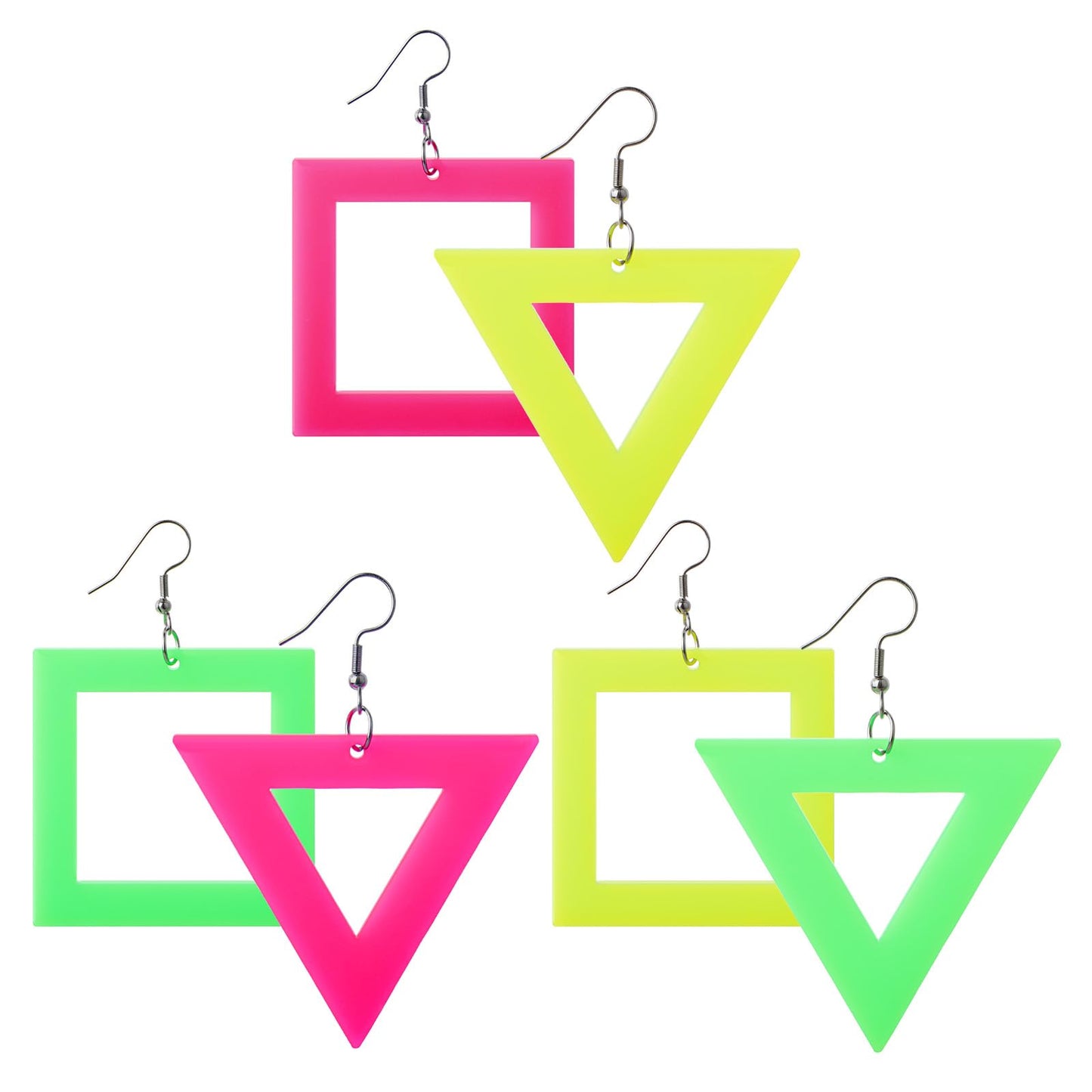 80s Neon Earrings 3Pairs Colorful Acrylic Drop Earrings Retro Geometric Pendant Neon Jewelry for Women 90s Costume Glow Party Accessories(Colorful)
