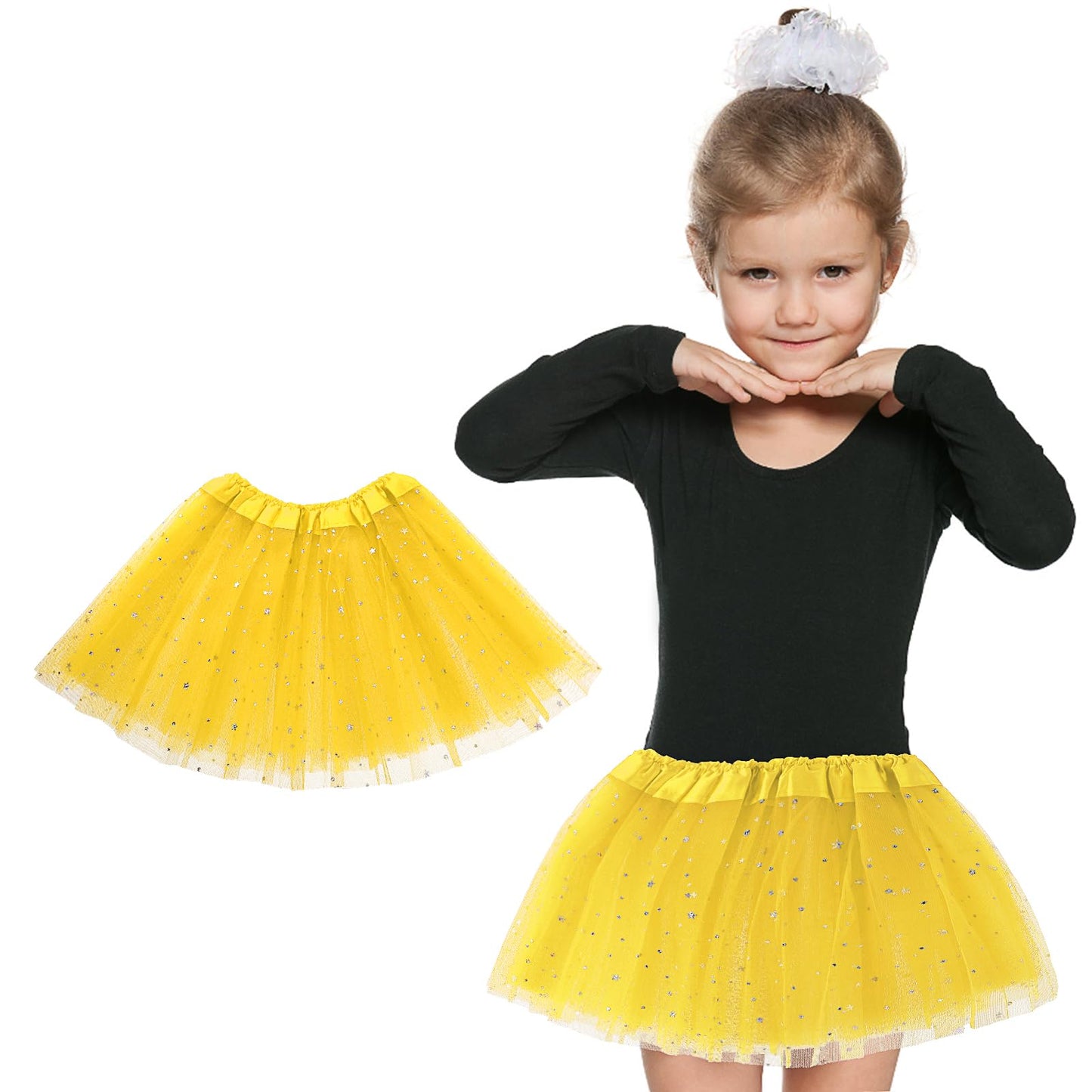 Girls Tutu Skirt with Stars Sequin, Little Girls 3 Layers Tutu Skirt Kids Colorful Party Princess Dance Tutu Princess Dress Ballet Skirt (Yellow)