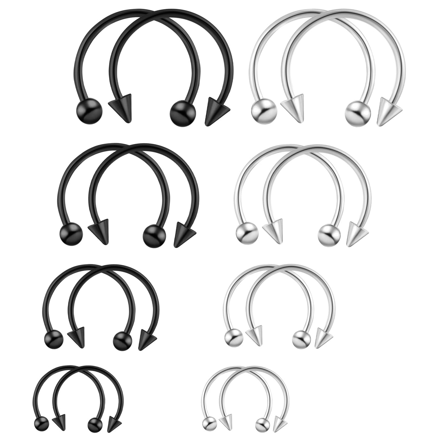 Tucnoeu 16pcs Septum Nose Rings 16 Gauge Nose Ring Multiple Different Sizes Horseshoe Nose Ring,Stainless Steel Septum Ring for Men and Women (Silver,black)