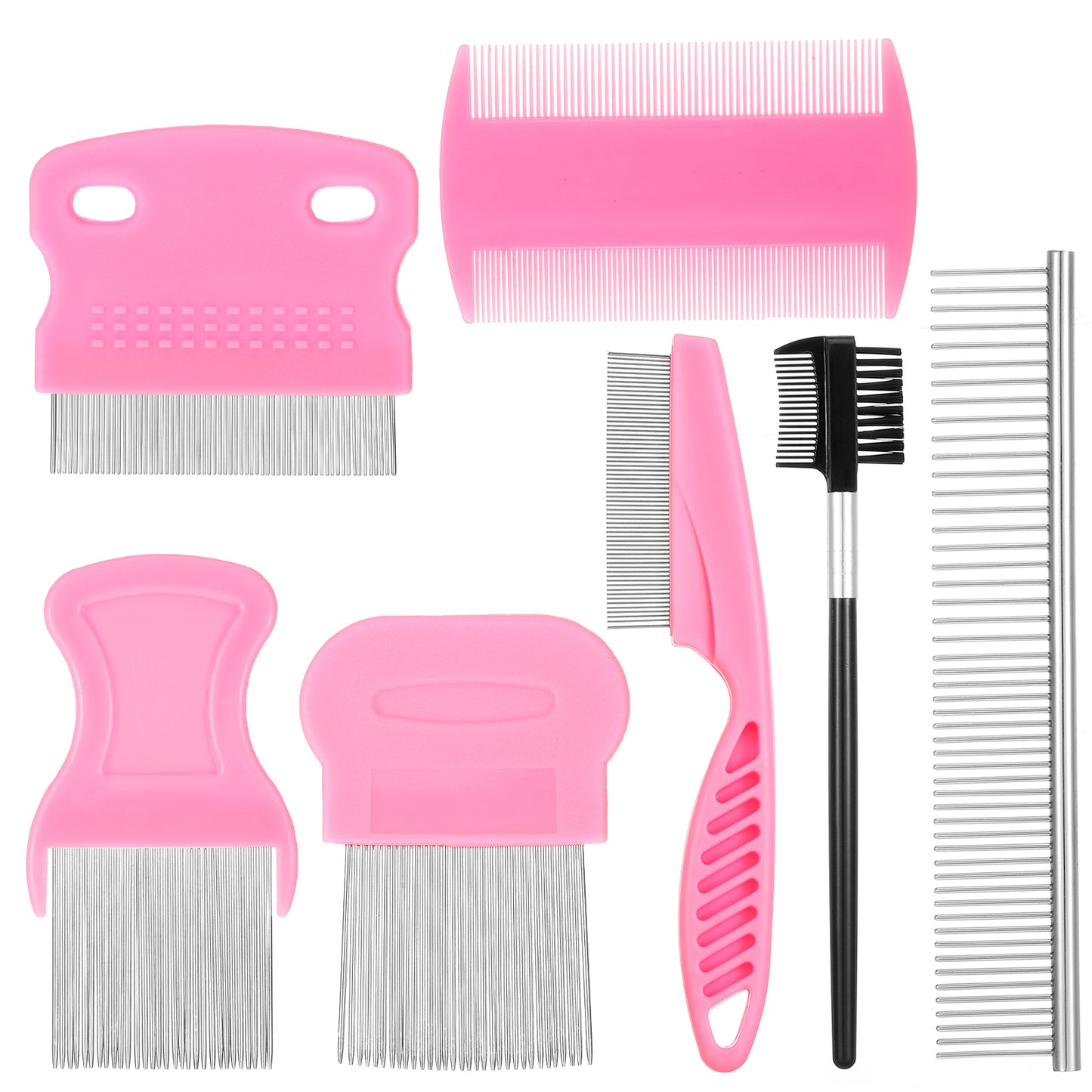 7-Pack Professional Flea & Tick Comb For Dogs & Cats - Fine & Wide Tooth Stainless Steel Pet Grooming Kit for Removing Lice, Tangles & Tear Stains, Dematting Brush