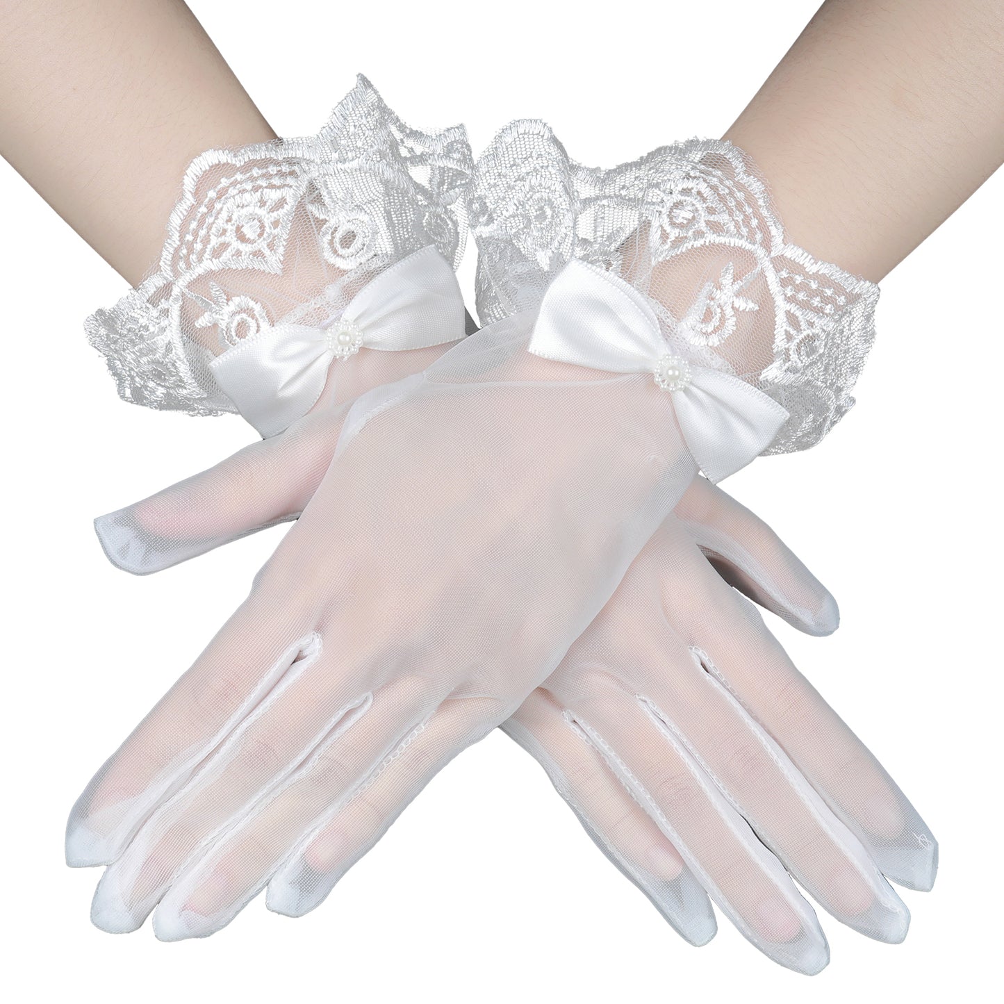 Lace Gloves Women Tea Party for Wedding Party Costume Prom,Bow White Lace Gloves Elegant Accessories Suitable for Dinner Party Flower Etiquette