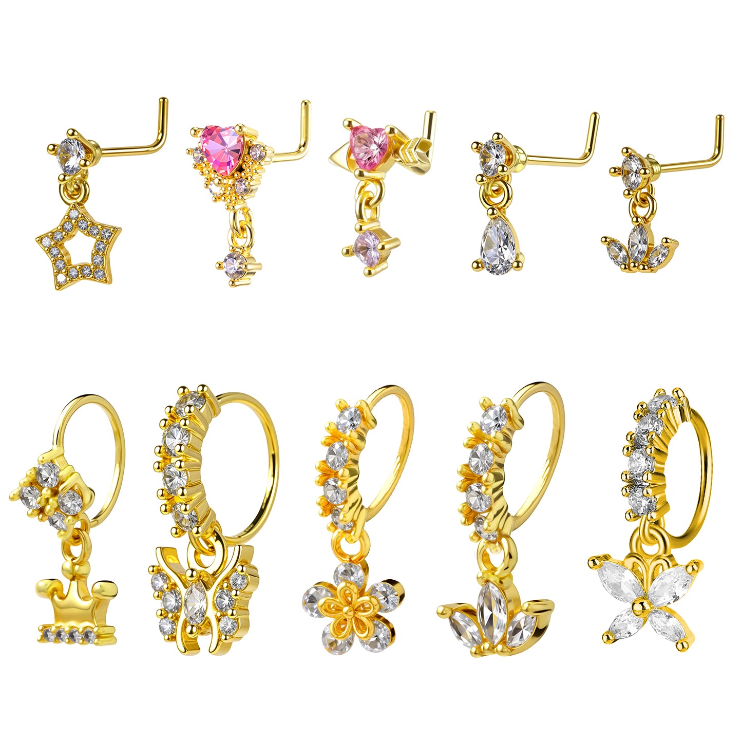 10Pcs 20G Dangle Nose Rings Surgical Steel Dangling Nose Ring and L Shaped Dangling Nose Stud Set Gold Butterfly Heart Moon Flower Star Piercing Jewelry CZ Cartilage Earring for Women Party Gathering