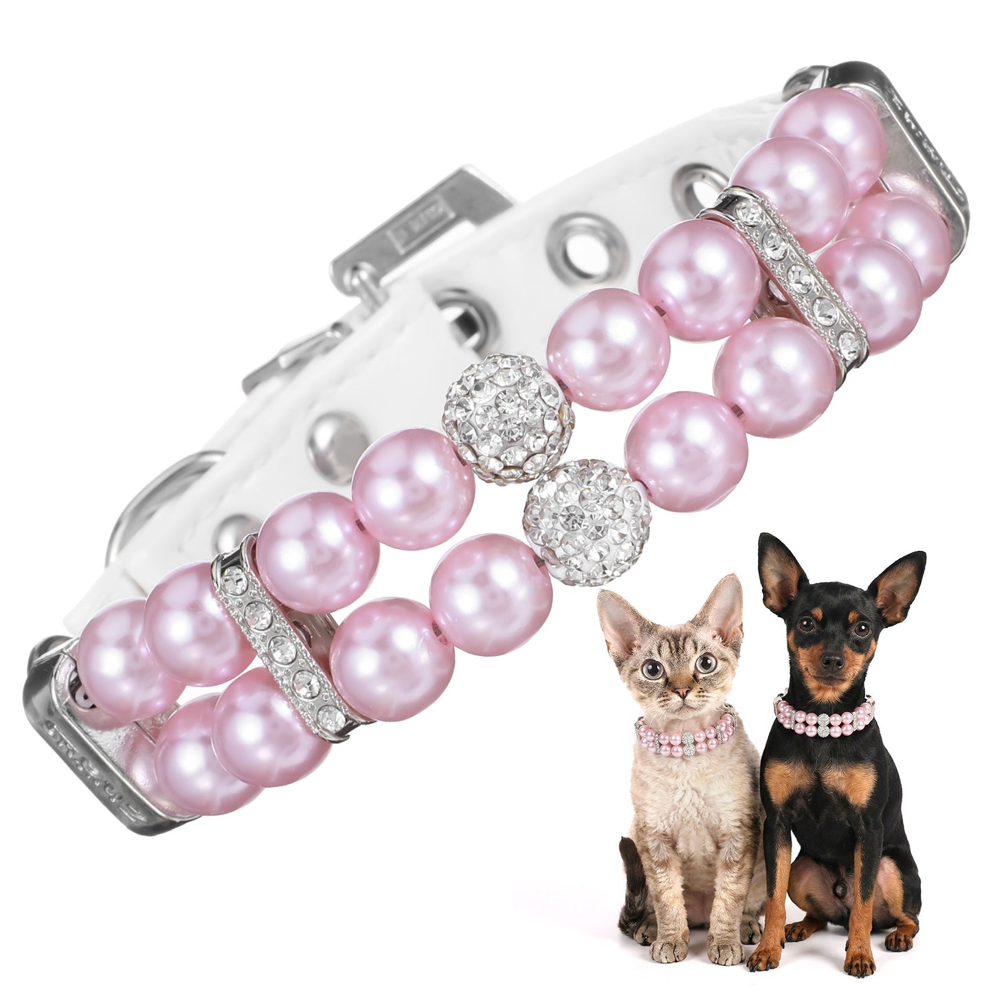 White Pink Pearl Dog Collar For Small Dogs Bling Rhinestone Beaded Dog Collar Luxury Fancy Dog Pearl Necklace Collar Diamond Pet Jewelry for XS XXS Small Medium Female Pet Dogs Cats Supplies