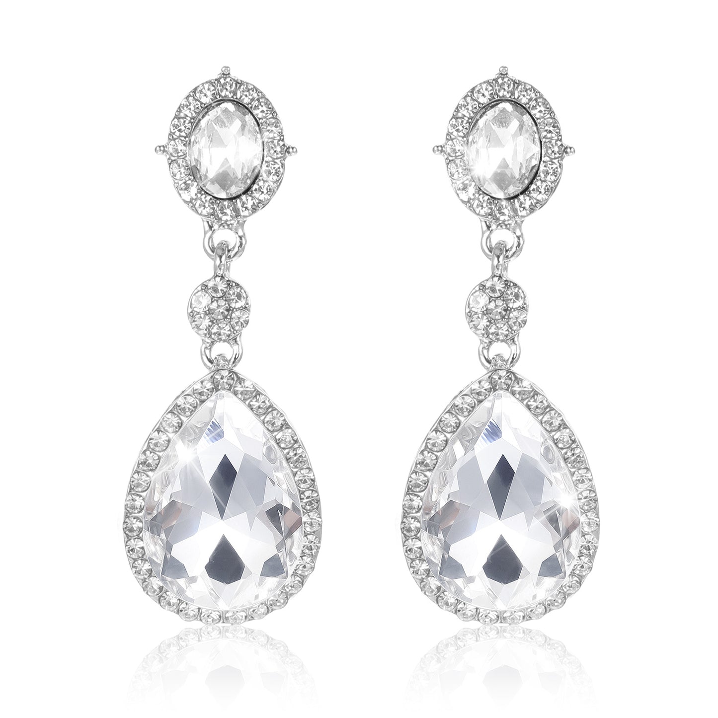 Telooco Diamond Drop Earrings Teardrop-shaped Diamond Dangle Earrings Silver Rhinestone Non-Pierced Clip-On Earring, Wedding and Party Costume Jewelry