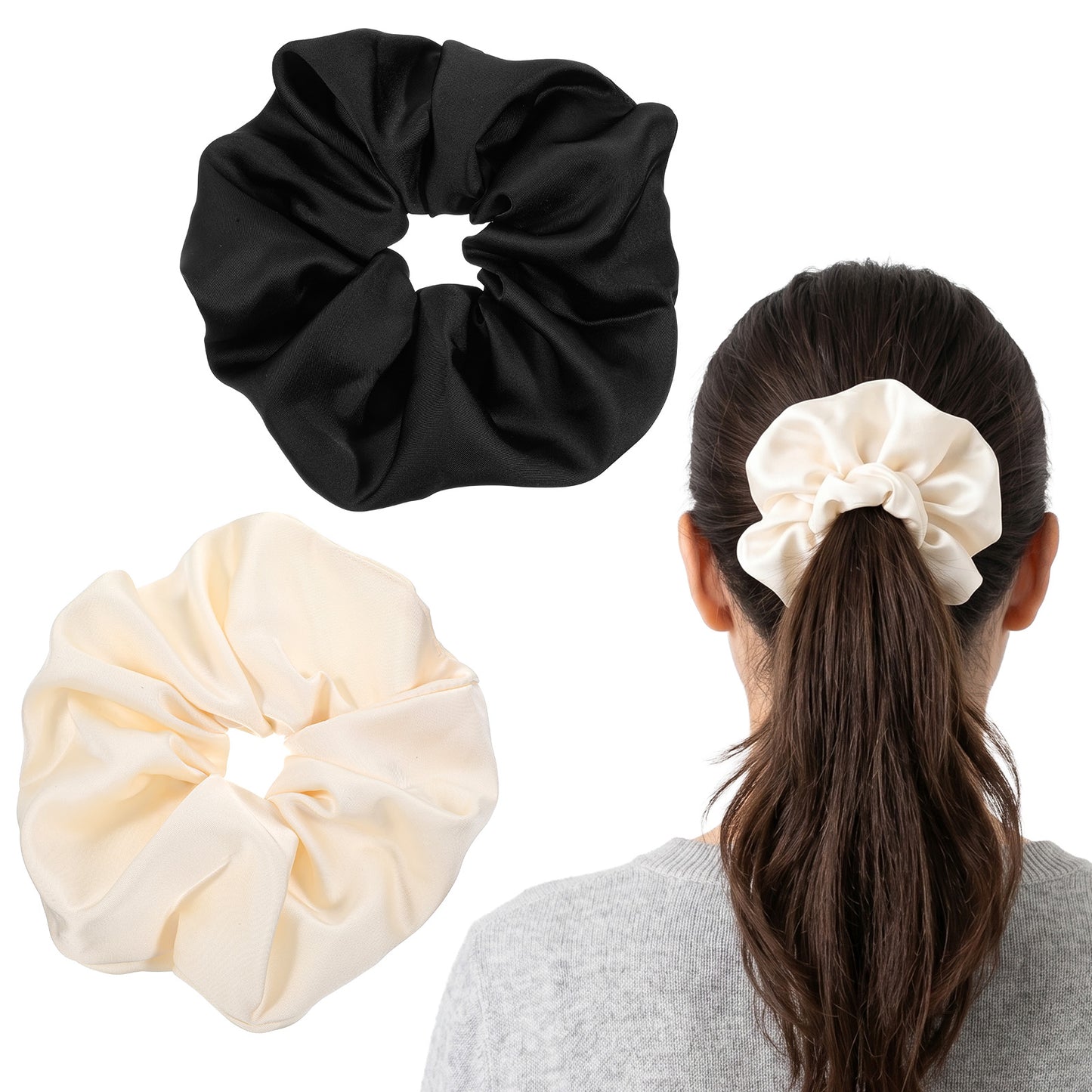 2 Pack Jumbo Satin Silk Scrunchies for Women, 7 Inch Oversized Scrunchies for Thick Curly Hair – Large Soft Hair Ties for Night Sleep, No Crease & No Breakage, Black and Beige Hairs Ornament Set