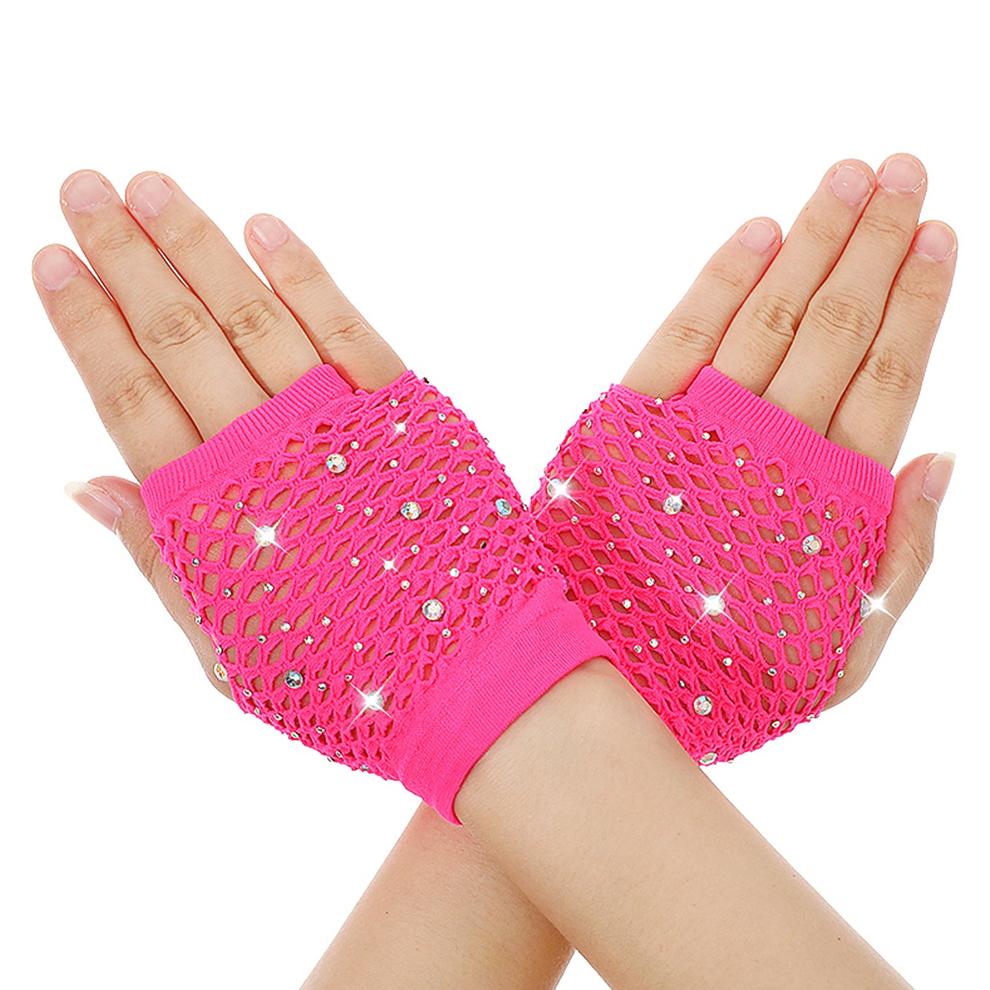 Neyauo Fishnet Gloves, Fingerless Mesh Arm Sleeves, Rhinestone Punk Style, For Women Halloween Cosplay, 80s Vintage Costume(Hot Pink)