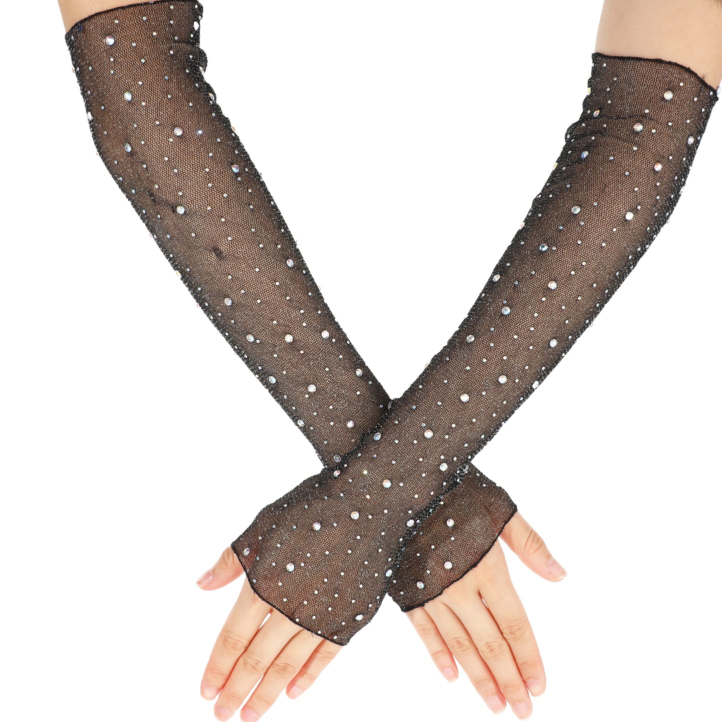 Neyauo Women's Long Sheer Gloves, Beaded Tulle Mesh Gloves, Opera Wedding Party Dance Prom Glove, Black