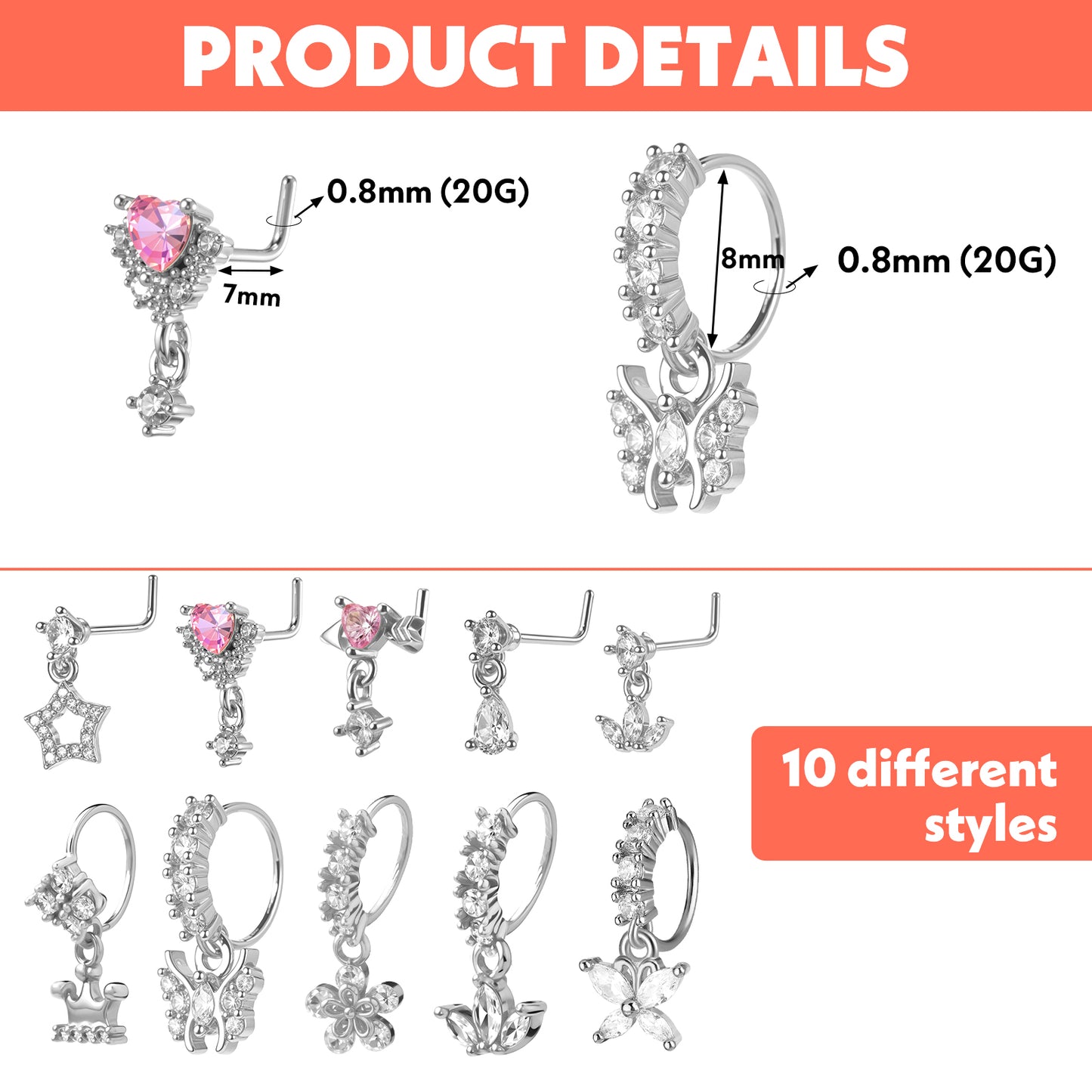 10Pcs 20G Dangle Nose Rings Dainty Dangling Nose Ring and L Shaped Dangling Nose Stud Set Silver Flower Star Butterfly Heart Piercing Jewelry CZ Cartilage Earring Dangle Rings Hoops for Women Party