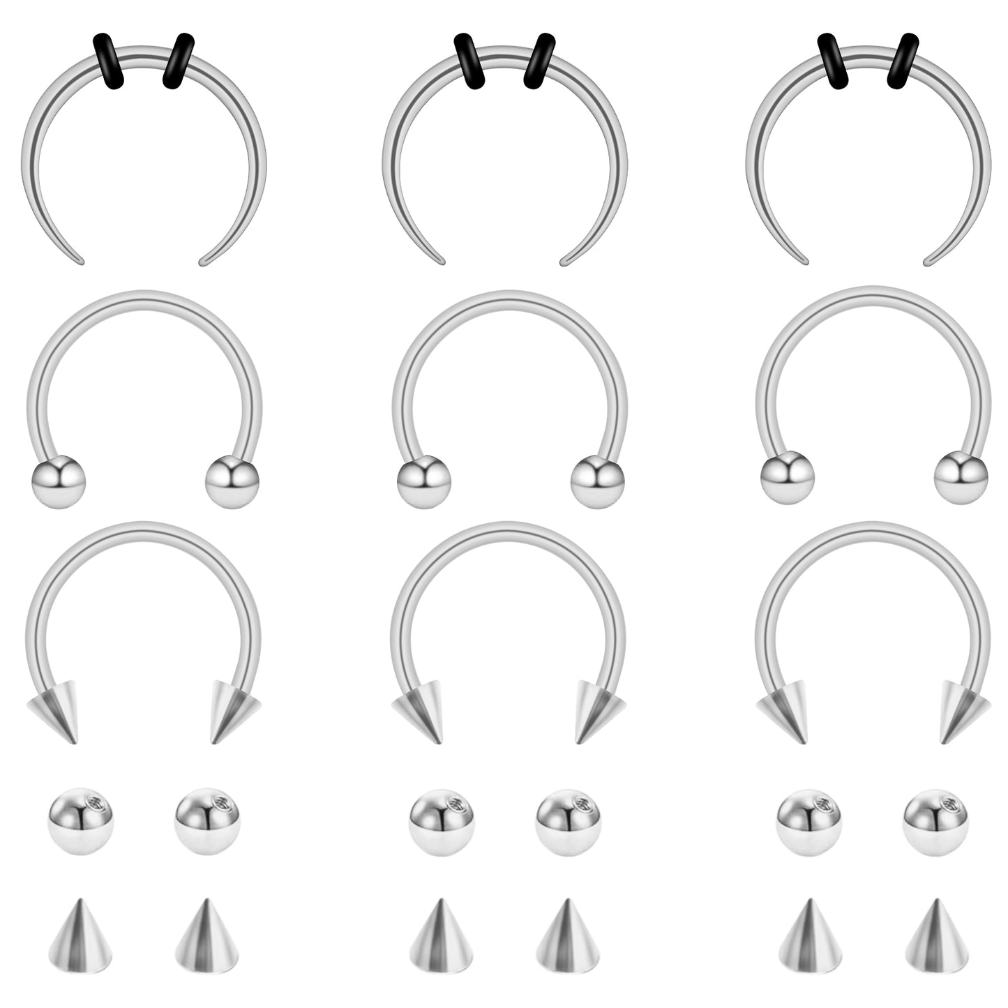 Yolev 16pcs Stainless Steel Septum Piercing Jewellery Silver Septum Horseshoe Nose Ring Spike Piercing Captive Bead Ring Helix Tragus Cartilage Earrings For Women Men Balls & Spikes Snake Bite