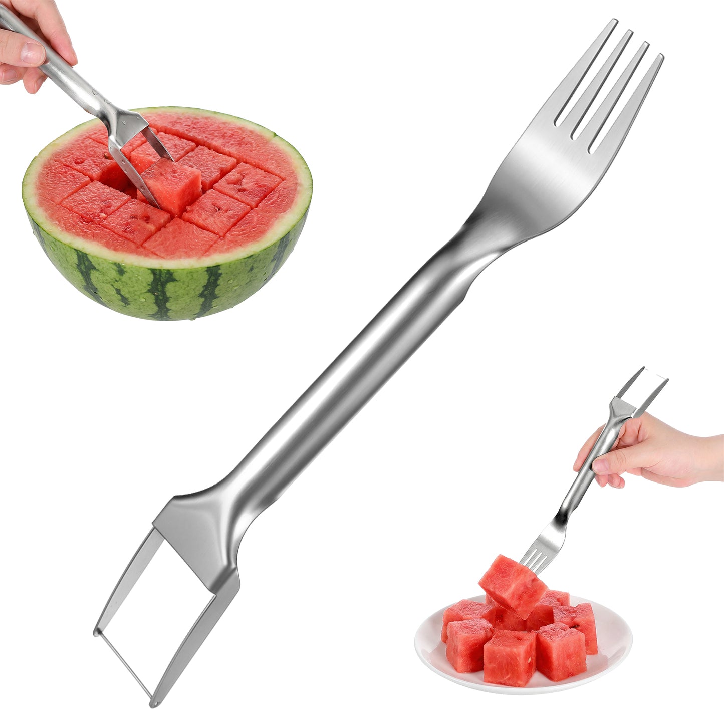 2pcs Watermelon Cutter, 2-in-1 Stainless Steel Watermelon Slicer, Portable Dual Head Watermelon Fork Slicer Tool for Watermelon, Mango, Pitaya Home Party Camping Kitchen