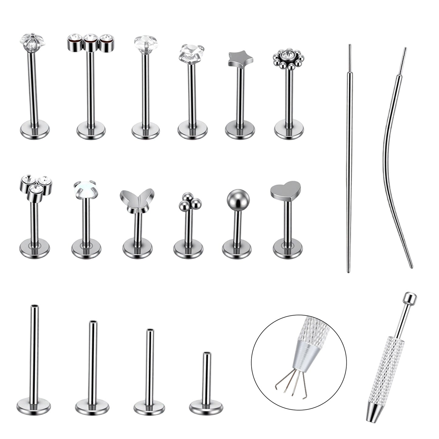 Neyauo 12 Pcs 18G Flat Back Push in Stud Earrings, Stainless Steel Threadless Flat Back Earrings Piercing Jewelry with Jewelry Grabber Tool and 2 Guide Needles for Women