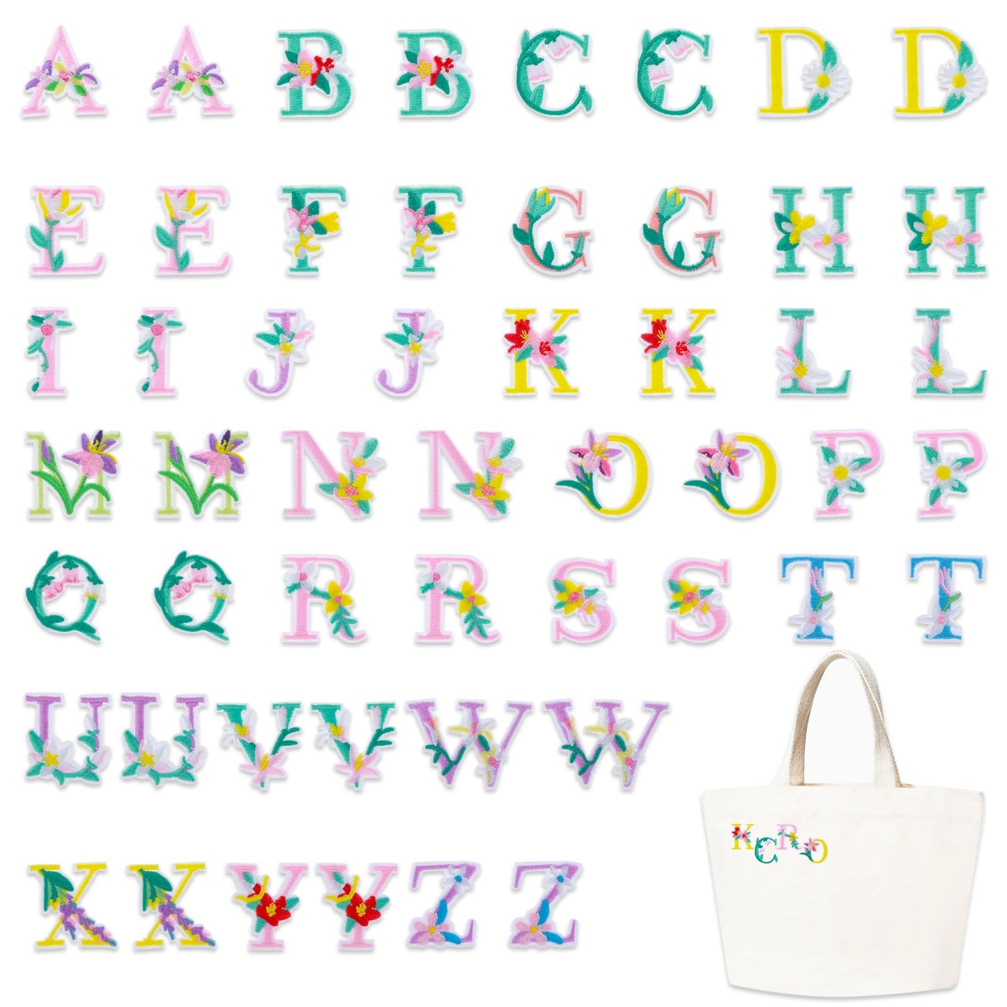 Yolev 52pcs Iron On Letter Patches, A-Z Flower Embroidery Alphabet Patches Sew Embroidered Patches, Alphabet Patches for Clothing Backpacks Hats Shirts