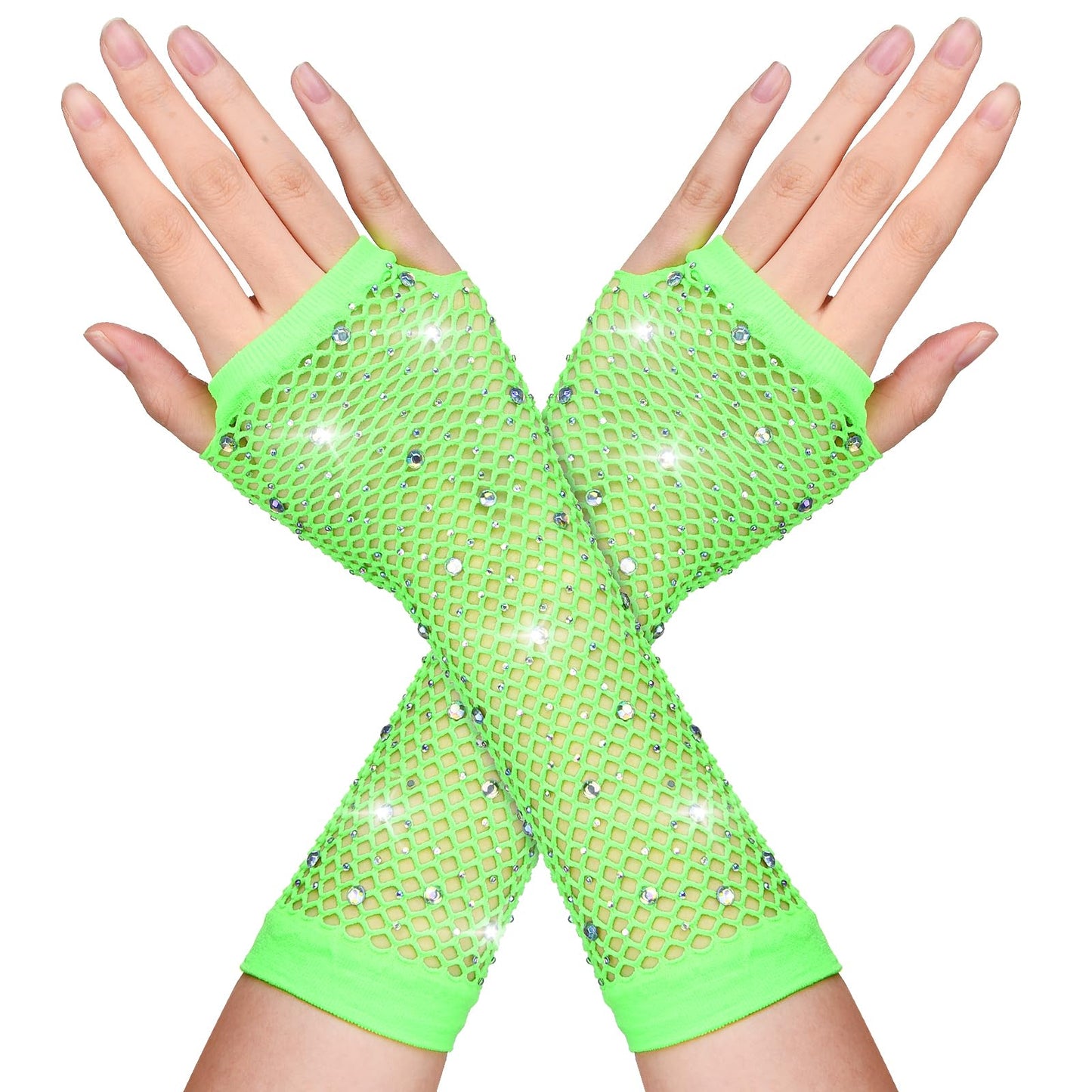 DIVINA VITAE Neon Green Fishnet Rhinestone Gloves Long Fishnet Fingerless Gloves 80s Fish Net Gloves Fashion Fishnet Arm Sleeves Sparkly Mesh Gloves 80 s Emo Scene Accessories for Women Kids