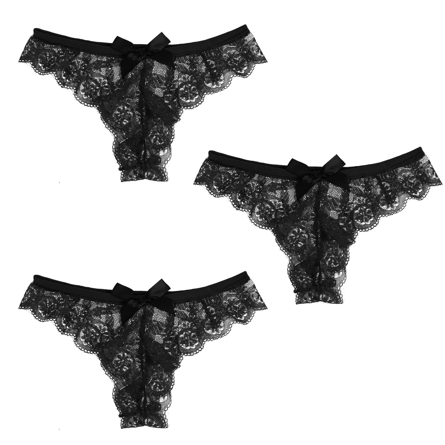 Yolev Women Lace Panties Sexy Bow Lace Thongs Underwear Low Rise V-Shape Design Tangas Panties(Black,L,as8,alpha,l)