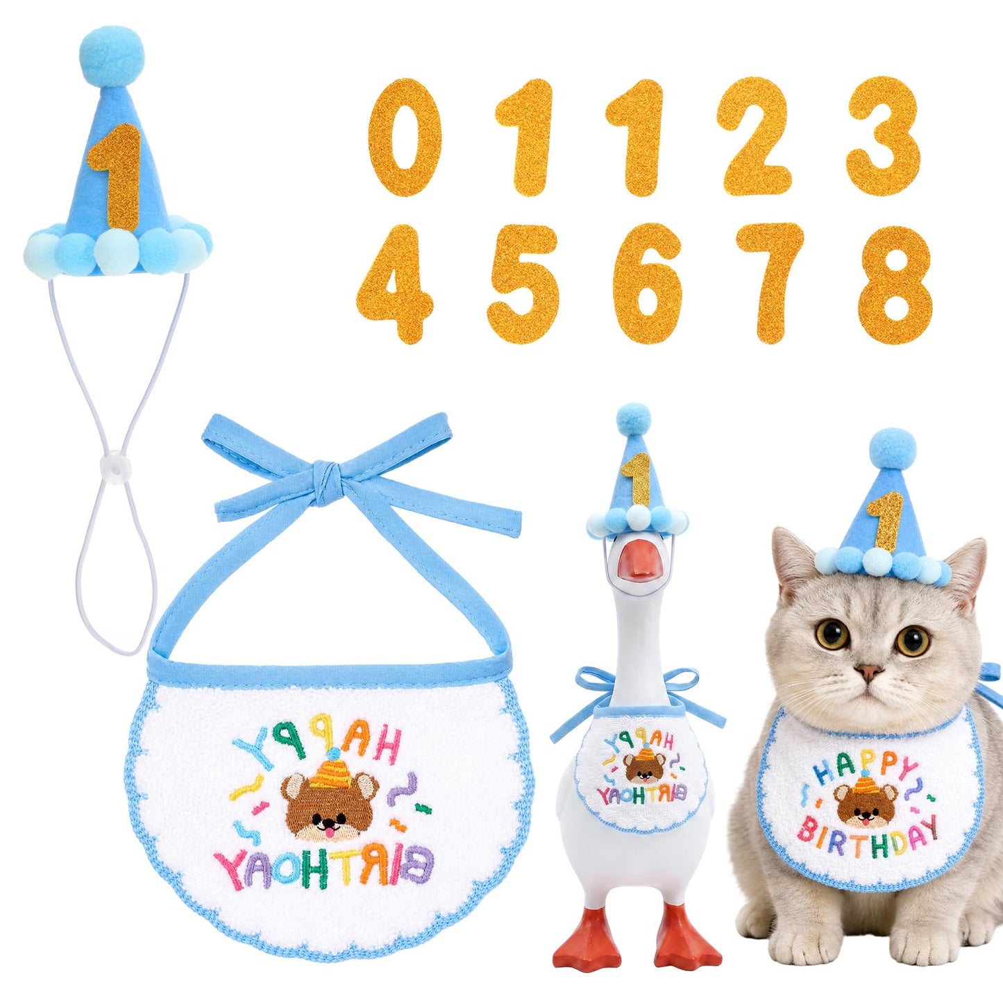 Cat Birthday Party Supplies, Blue Kitten Birthday Bandana Hat with Numbers