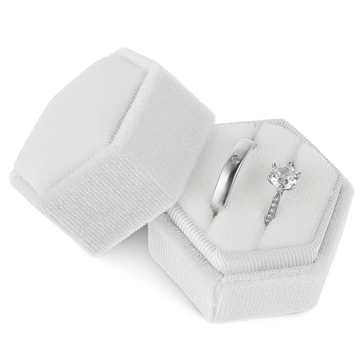 Velvet Ring Box 2 Slots Ring Jewelry Box Hexagon Double Ring Gift Box with Detachable Lid Vintage Ring Bearer Box Velvet Ring Display Case Box for Wedding Ceremony Proposal Engagement Storage(Beige)