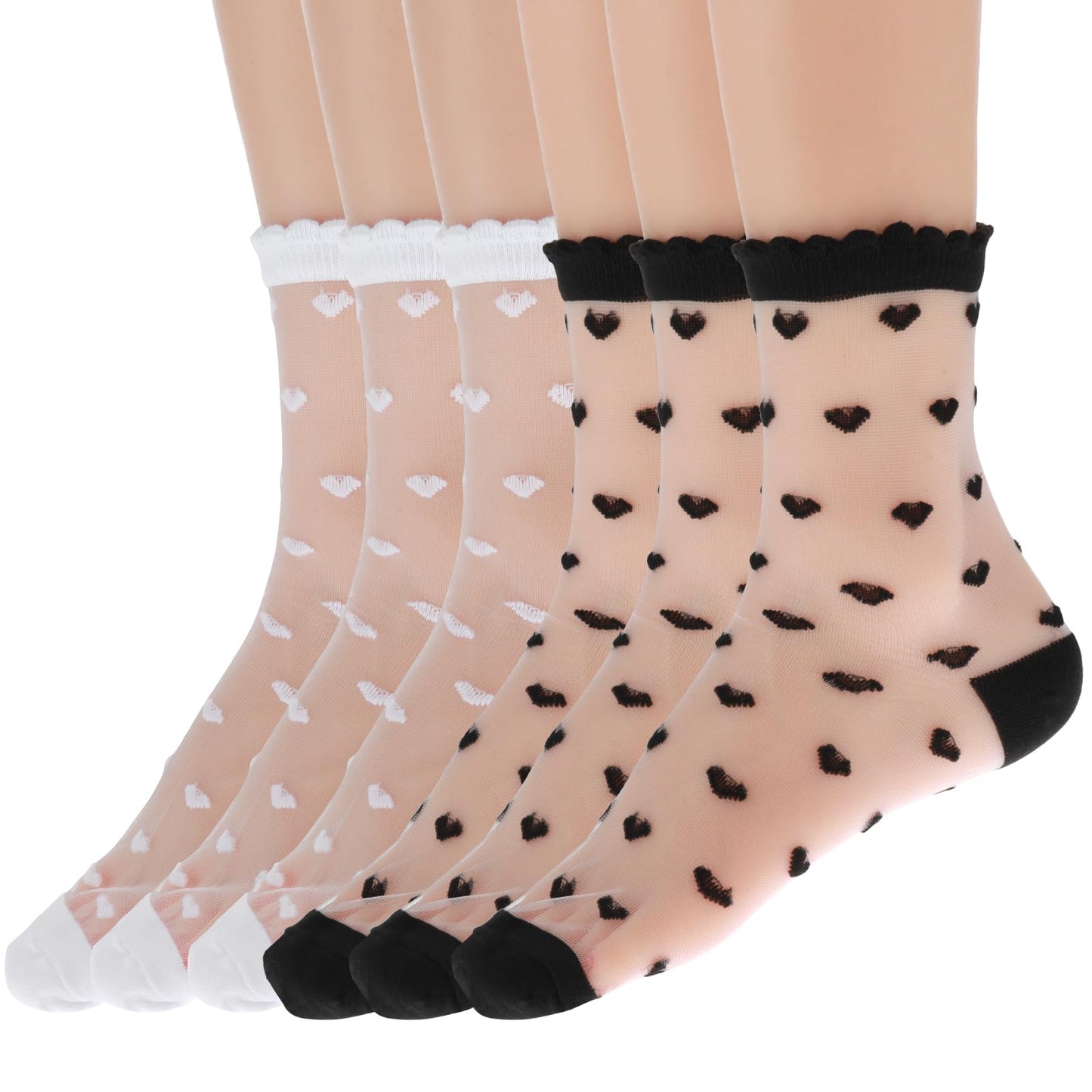 Lusofie 6 Pairs See Through Socks Thin Transparent Mesh Socks Summeer Ankle Ruffle Sheer Socks Women Fashion(Black, White)