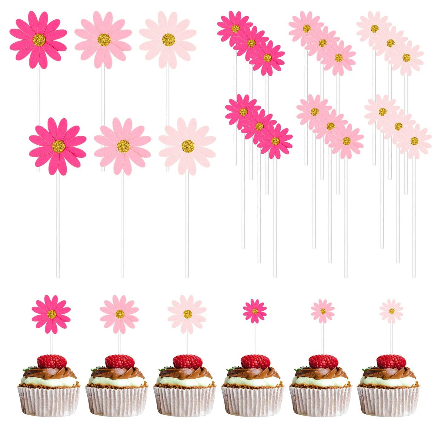 Pink Daisy Cupcake Toppers 12 * 4.7cm/4.7 * 1.8inch Daisy Cake Decorations Cocktail Cake Fruit Bowl Yogurt Bowl DIY Decoration (24 Pcs)