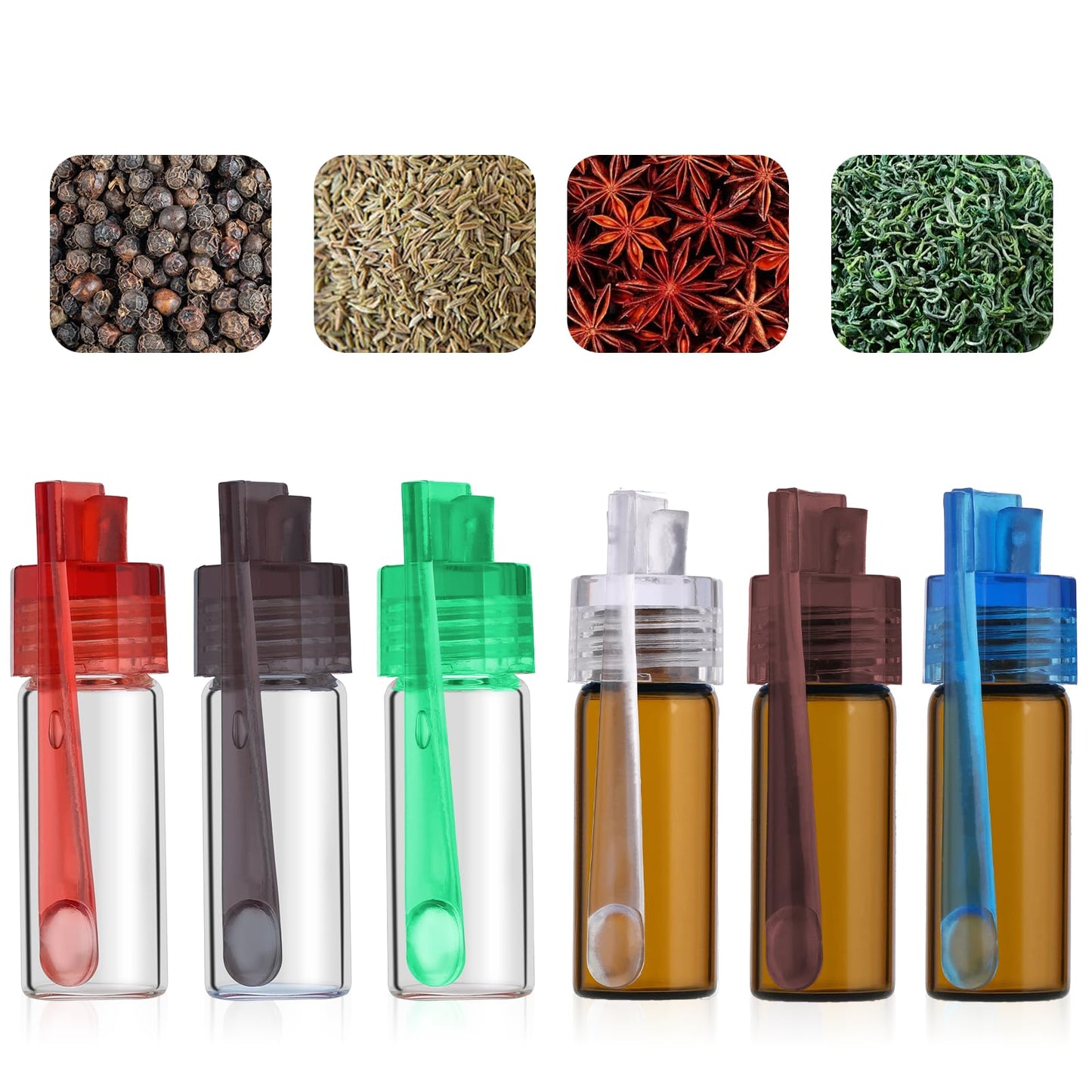 Tucnoeu 6pcs Portable Spice Dispenser Mini Glass Vial with Spoon,Glass Nectar Collector,Spice Bullet Vial,Waterproof Mini Glass Vials for Salt, Pepper, Essential Oils