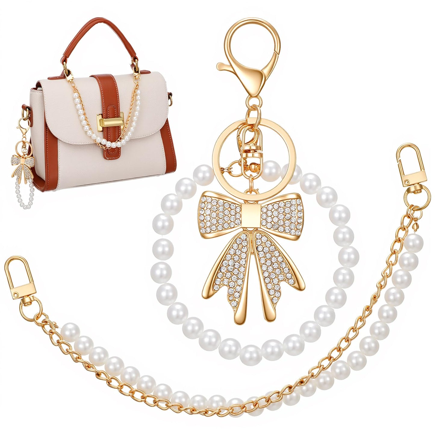 Purse Chains for Handbags, Bag Chains for Handbags with White Rhinestone Bow Keychain, Short Purse Strap Extender Replacement